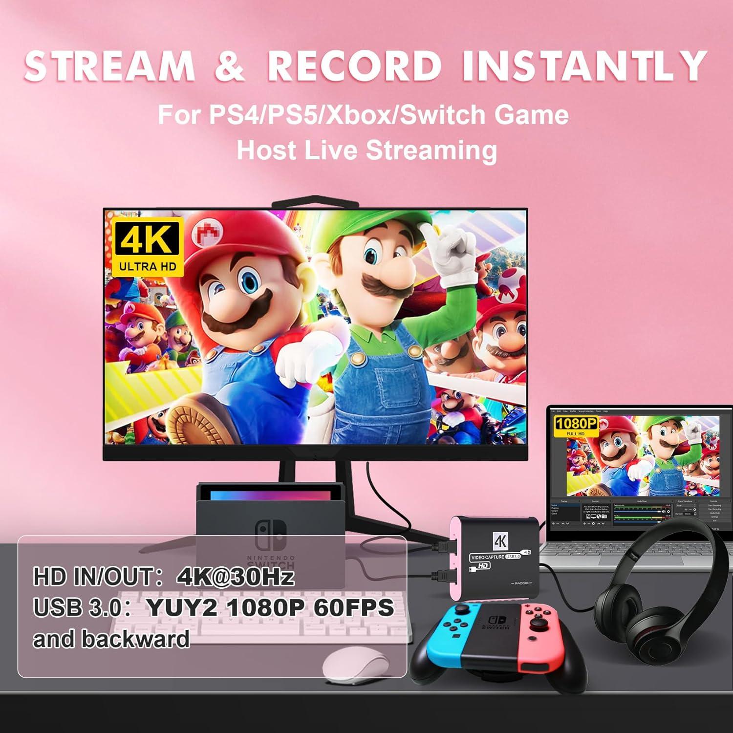 Capture Card with 4K HDMI Passthrough,USB 3.0 Audio Video Capture Card for Windows/Mac OS OBS/Twitch/YouTube/Tiktok Live Streaming and Recording,for Switch/PS5/Xbox/PS4/Steam Deck/PC/Camera