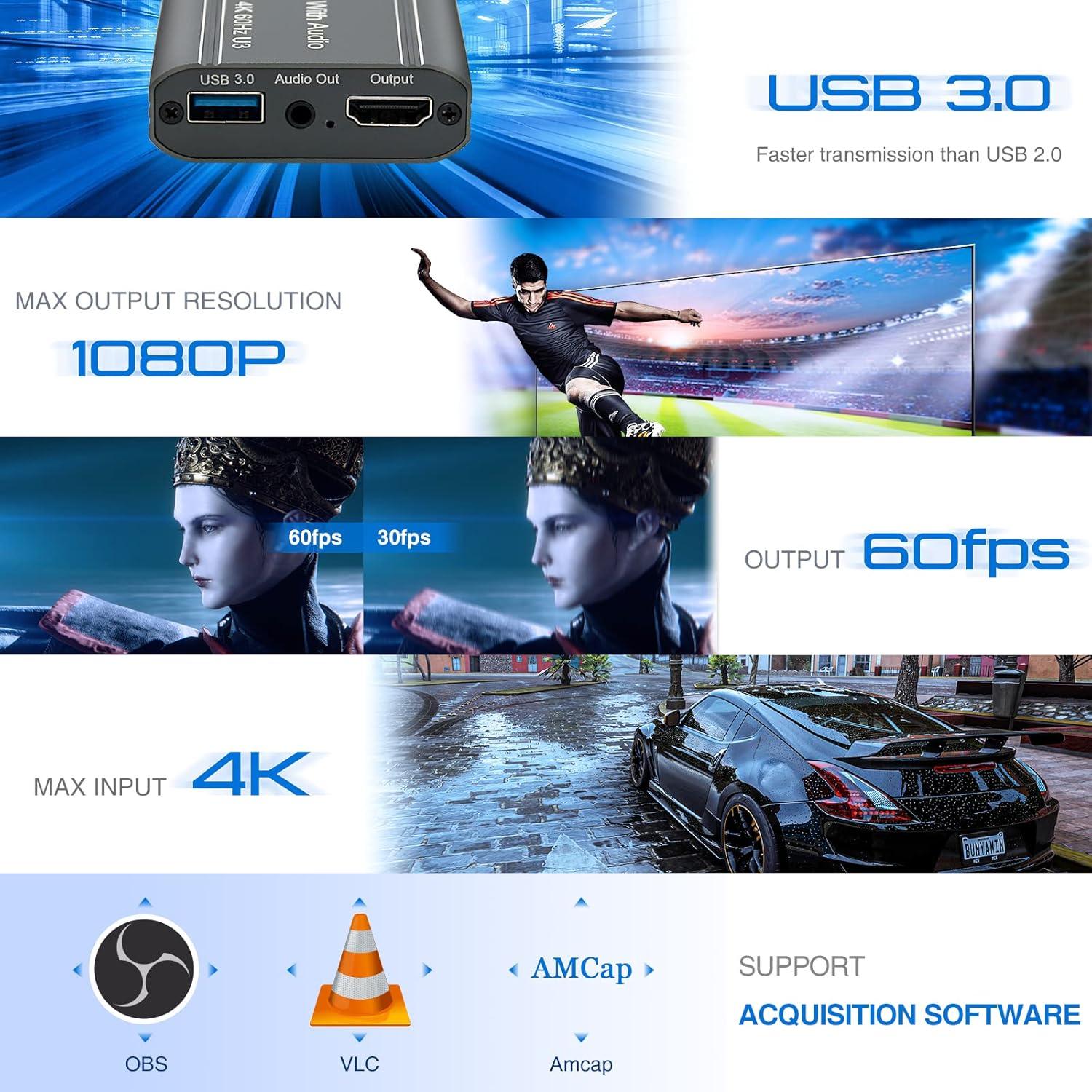 4K Video Capture Card, HDMI to USB 3.0 with Loopout for Nintendo Switch, 1080p 60fps Game Capture Device with Audio Output for Streaming, Xbox/PS4/PS5/PC, VLC/OBS/Amcap