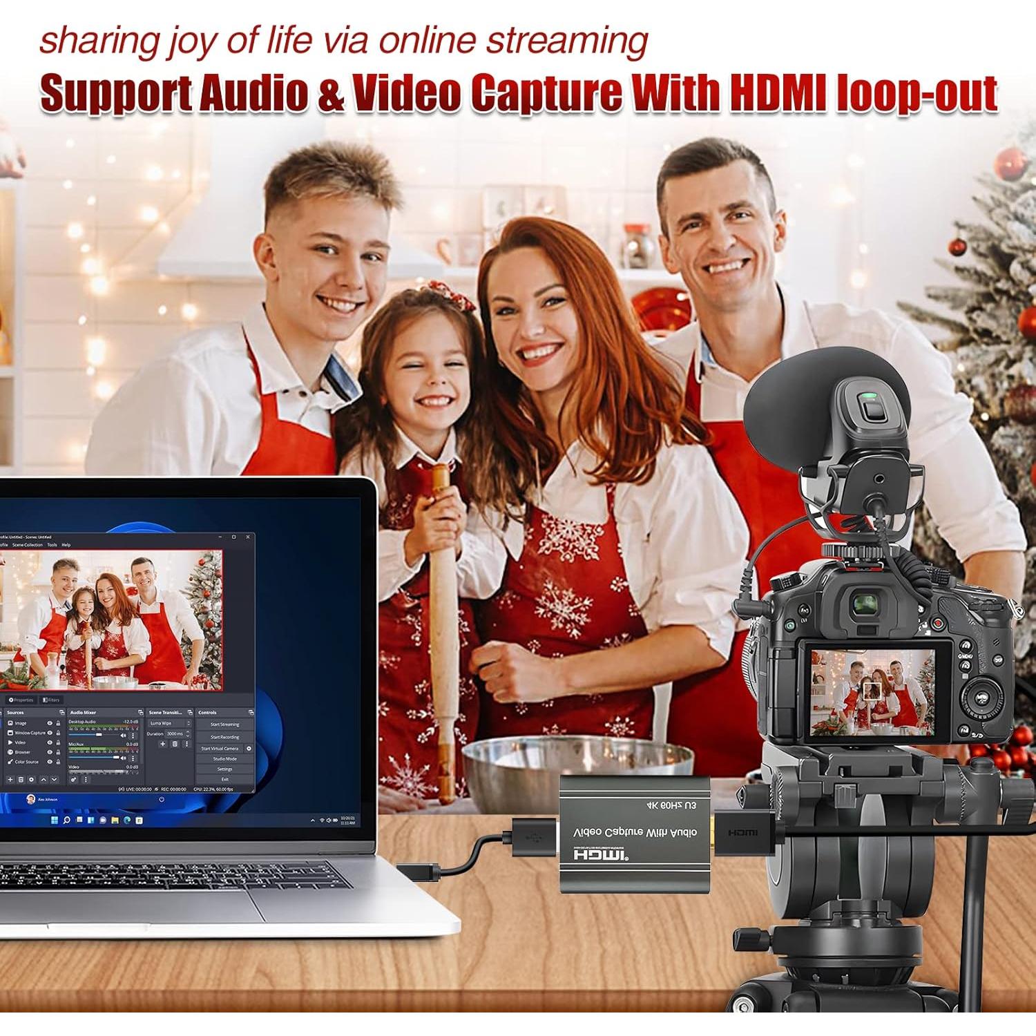 4K Video Capture Card, HDMI to USB 3.0 with Loopout for Nintendo Switch, 1080p 60fps Game Capture Device with Audio Output for Streaming, Xbox/PS4/PS5/PC, VLC/OBS/Amcap