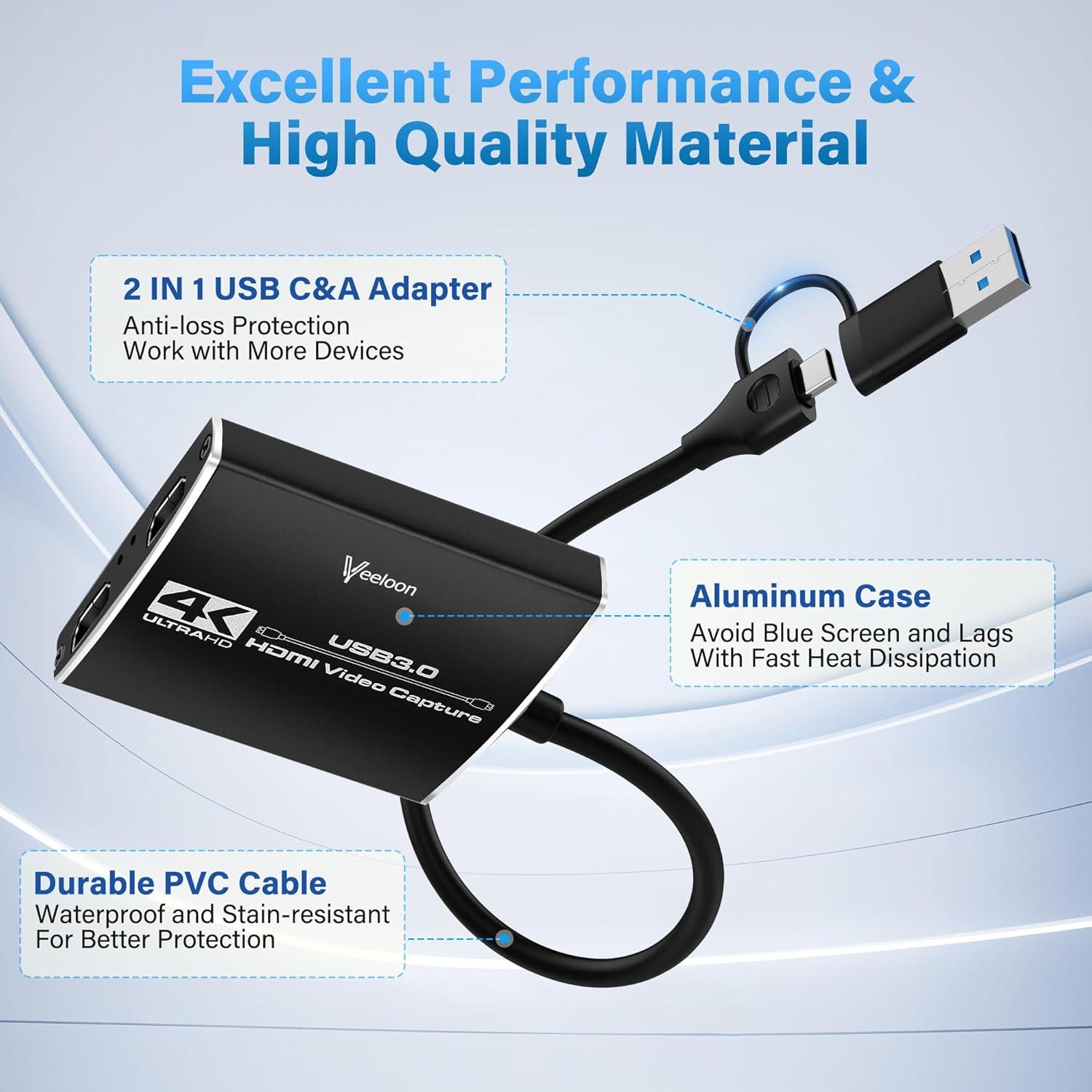 Audio Video Capture Card for Broadcasting,4K HDMI to USB C Capture Card with USB A 3.0 Adapter,1080P 60FPS, Work with iPad Mac OS Windows, Camera/Xbox/PS5/PC/OBS/DVDs,DSLR for Streaming