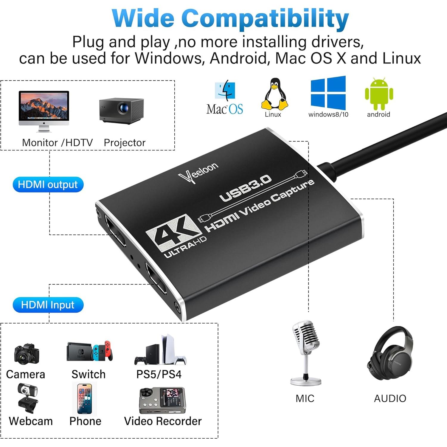 Audio Video Capture Card for Broadcasting,4K HDMI to USB C Capture Card with USB A 3.0 Adapter,1080P 60FPS, Work with iPad Mac OS Windows, Camera/Xbox/PS5/PC/OBS/DVDs,DSLR for Streaming