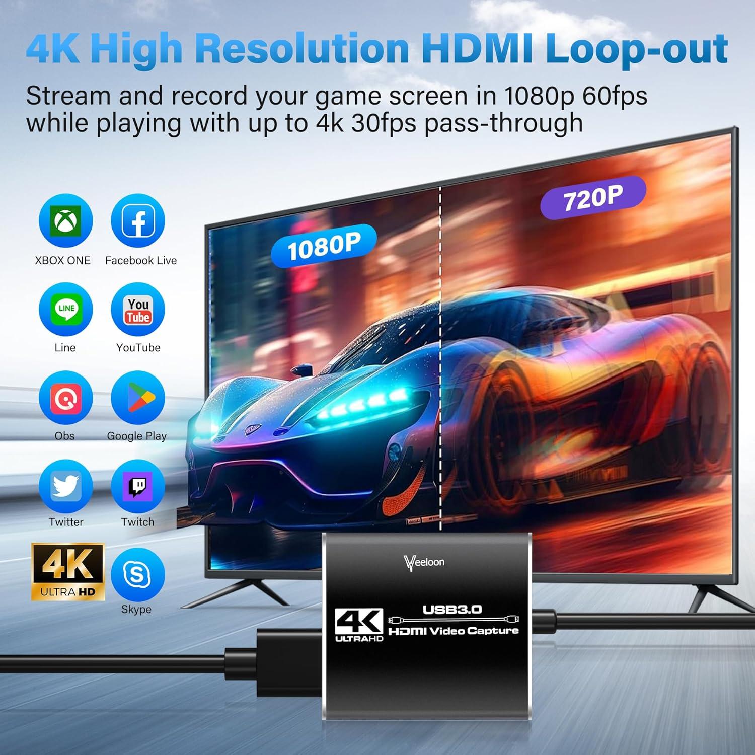 Audio Video Capture Card for Broadcasting,4K HDMI to USB C Capture Card with USB A 3.0 Adapter,1080P 60FPS, Work with iPad Mac OS Windows, Camera/Xbox/PS5/PC/OBS/DVDs,DSLR for Streaming