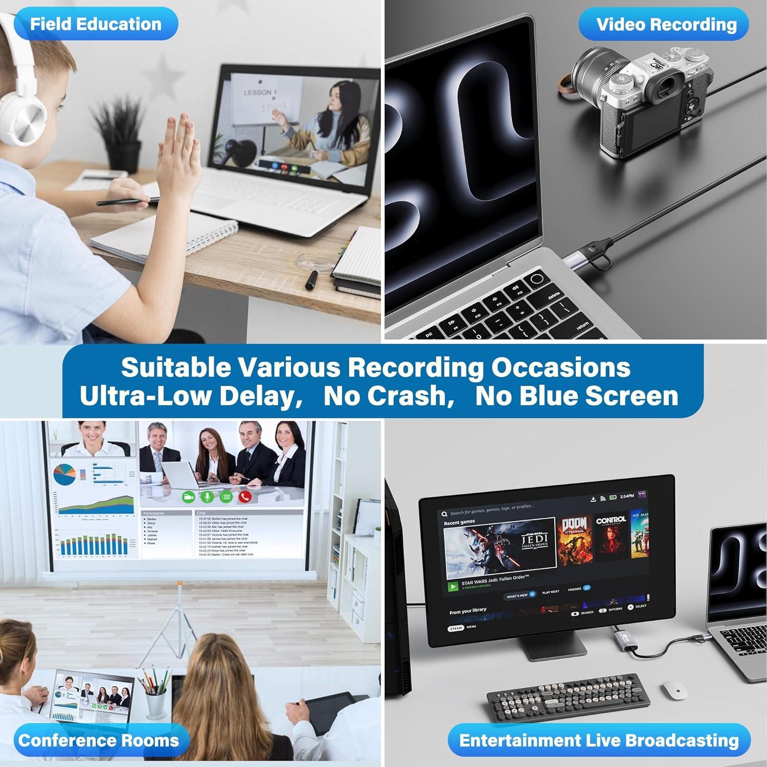 Audio Video Capture Card for Broadcasting,4K HDMI to USB C Capture Card with USB A 3.0 Adapter,1080P 60FPS, Work with iPad Mac OS Windows, Camera/Xbox/PS5/PC/OBS/DVDs,DSLR for Streaming