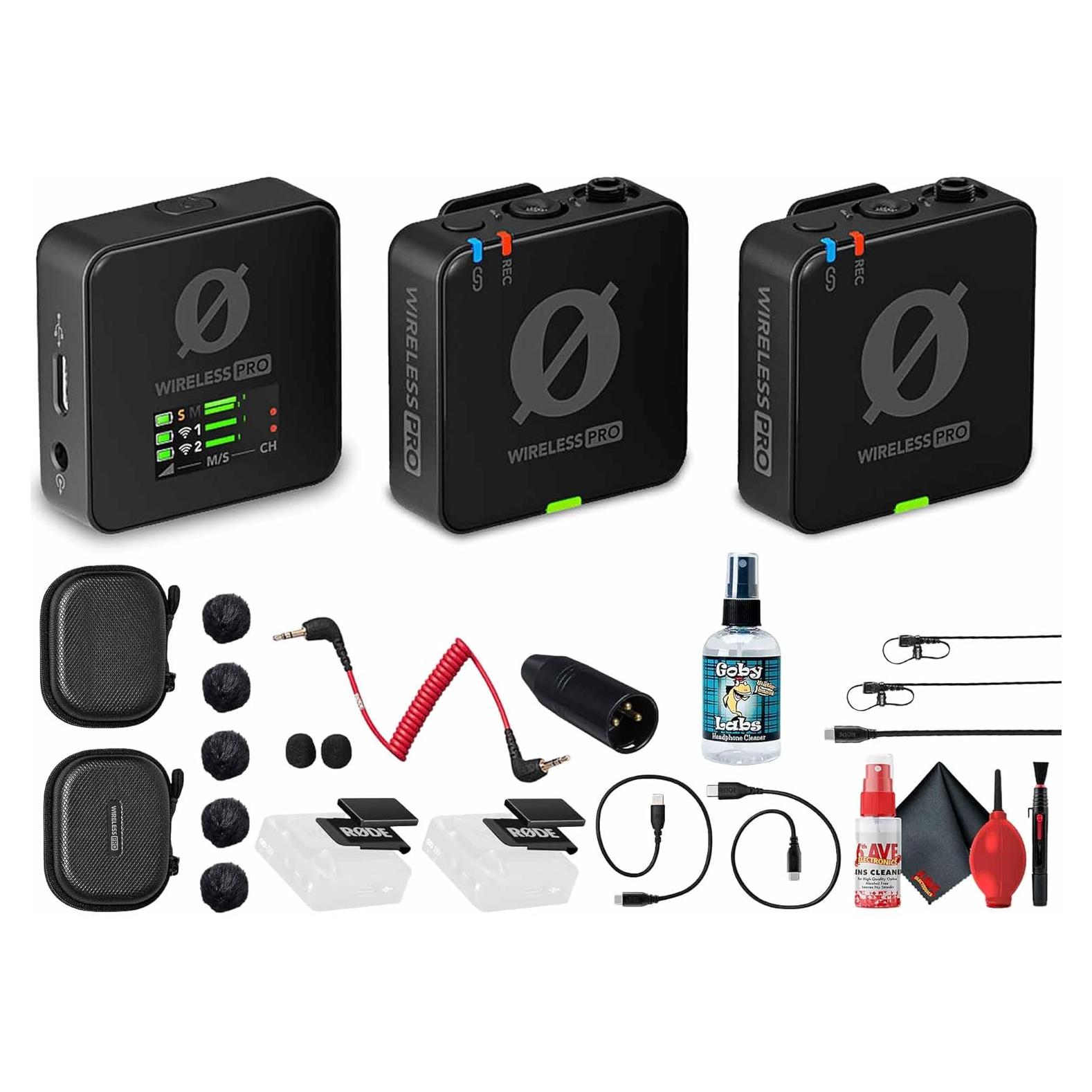 Wireless PRO 2-Person Clip-On Wireless Microphone System/Recorder with Lavaliers (2.4 GHz) (WIPRO) + VXLR Adapter + Headphone Cleaner + Cleaning Kit