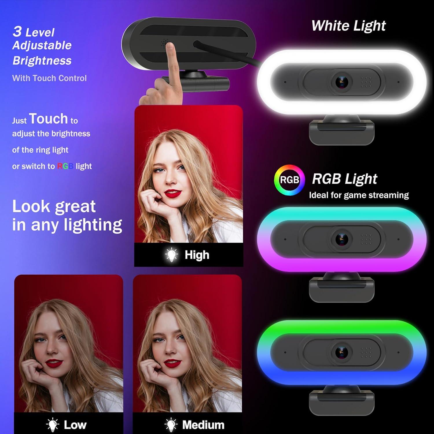 Cámara Web 2K Hrayzan USB C con Luz RGB y Micrófono Dual
