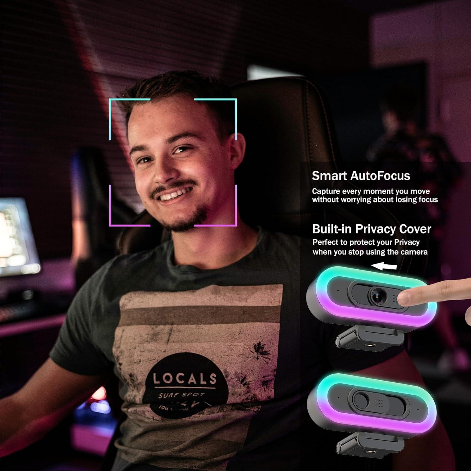 Cámara Web 2K Hrayzan USB C con Luz RGB y Micrófono Dual