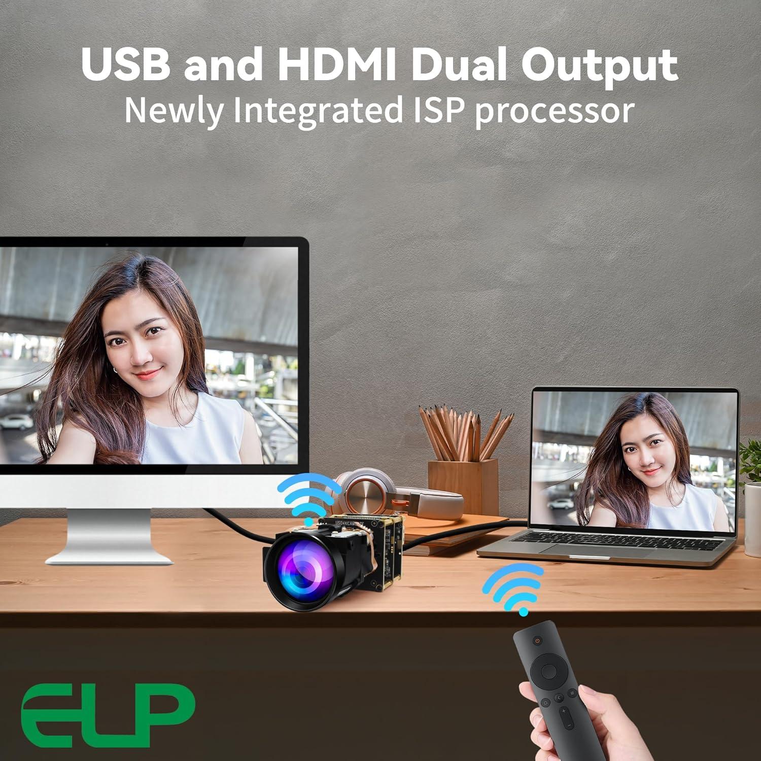 Cámara USB ELP 4K 30fps HDMI 10X Zoom Control Remoto