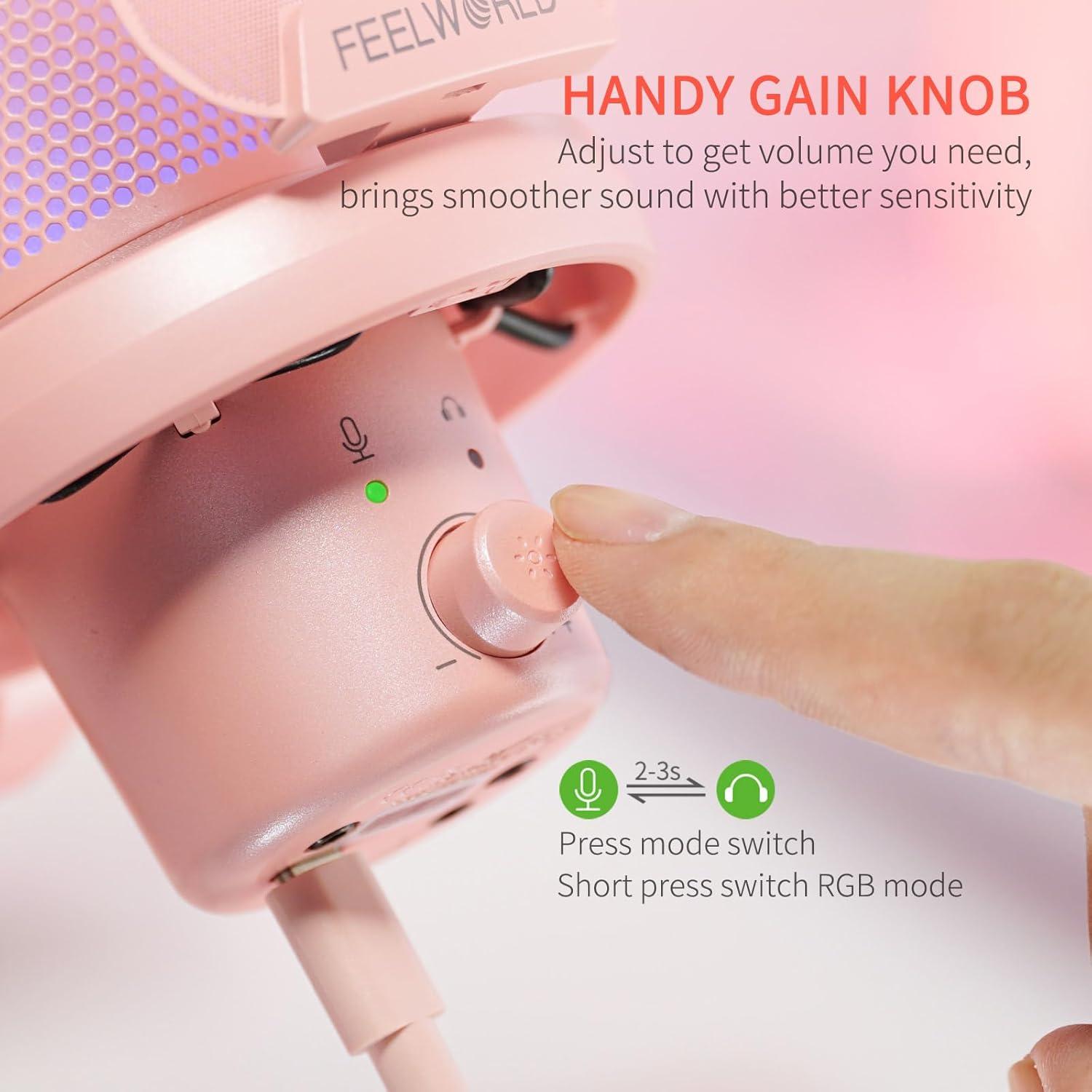 Micrófono USB de Condensador FEELWORLD VM1 Rosa con Luz RGB