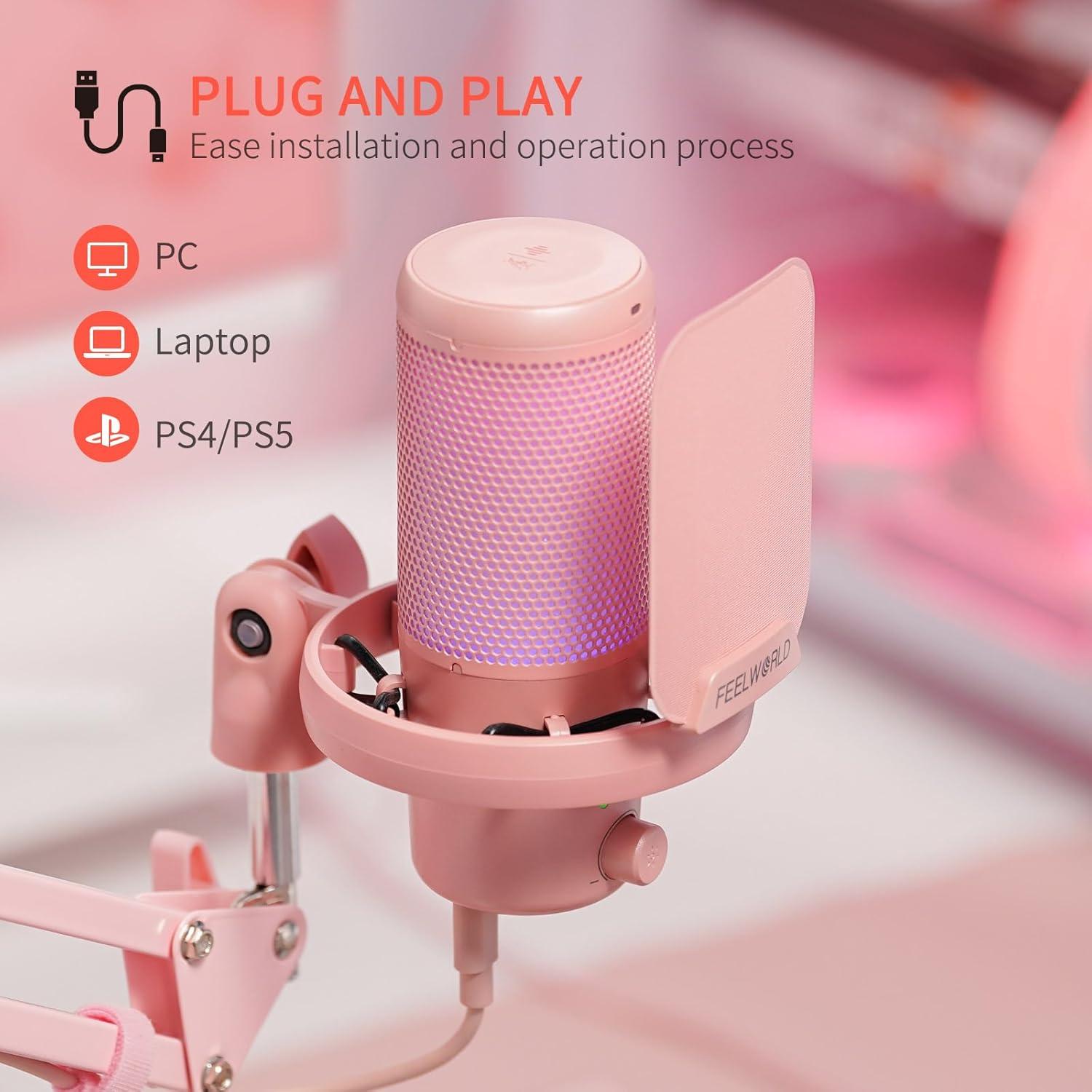 Micrófono USB de Condensador FEELWORLD VM1 Rosa con Luz RGB