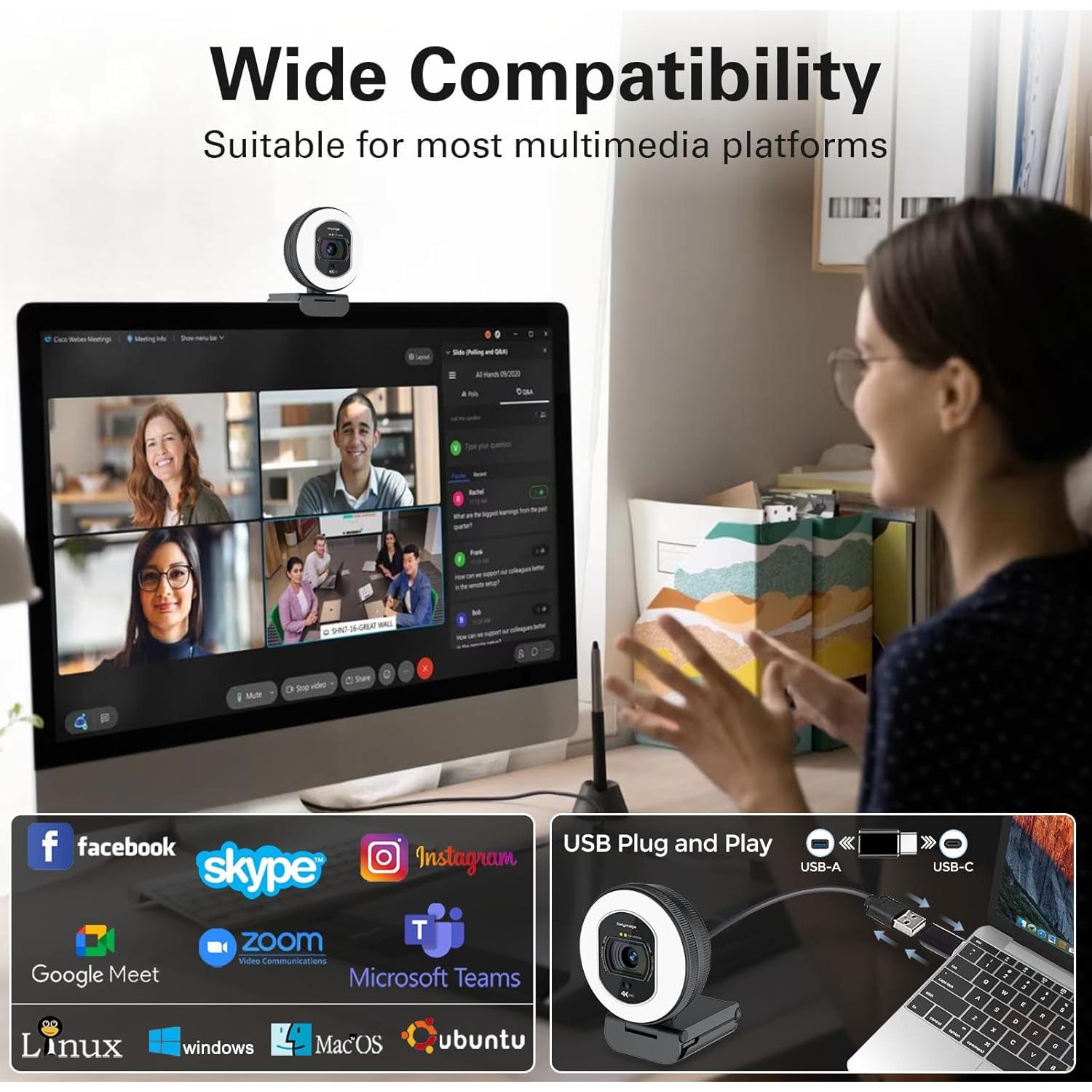 Cámara Web 4K Galyimage con Luz de Anillo y Micrófono