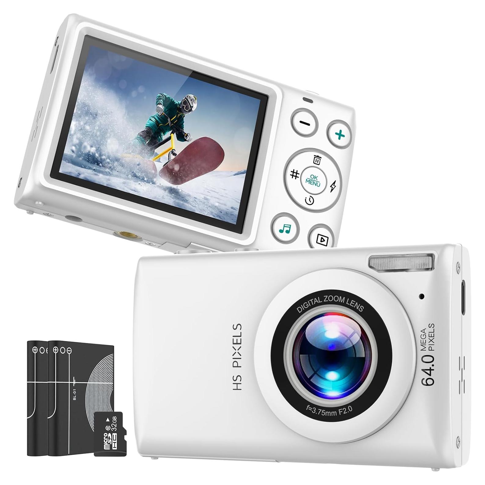 Digital Camera, Autofocus 64MP UHD 4K Vlogging Camera 18X Digital Zoom, Portable Compact Point and Shoot Digital Camera-White