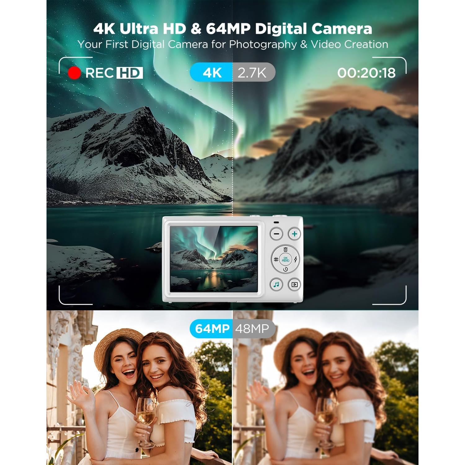 Digital Camera, Autofocus 64MP UHD 4K Vlogging Camera 18X Digital Zoom, Portable Compact Point and Shoot Digital Camera-White