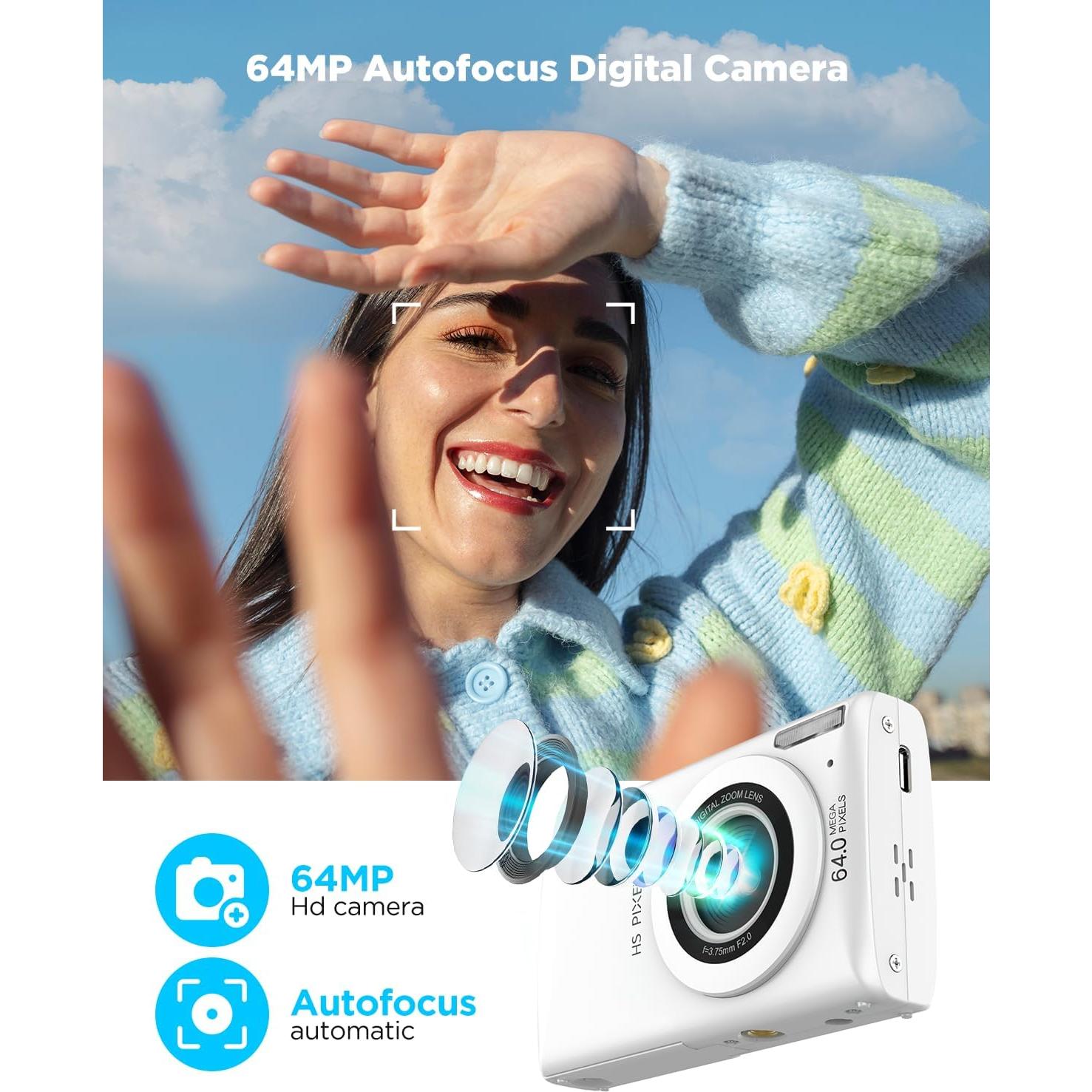 Digital Camera, Autofocus 64MP UHD 4K Vlogging Camera 18X Digital Zoom, Portable Compact Point and Shoot Digital Camera-White