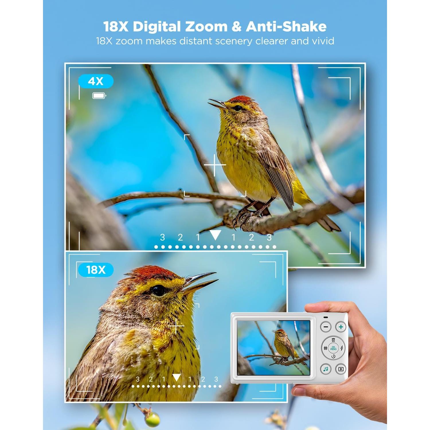 Digital Camera, Autofocus 64MP UHD 4K Vlogging Camera 18X Digital Zoom, Portable Compact Point and Shoot Digital Camera-White