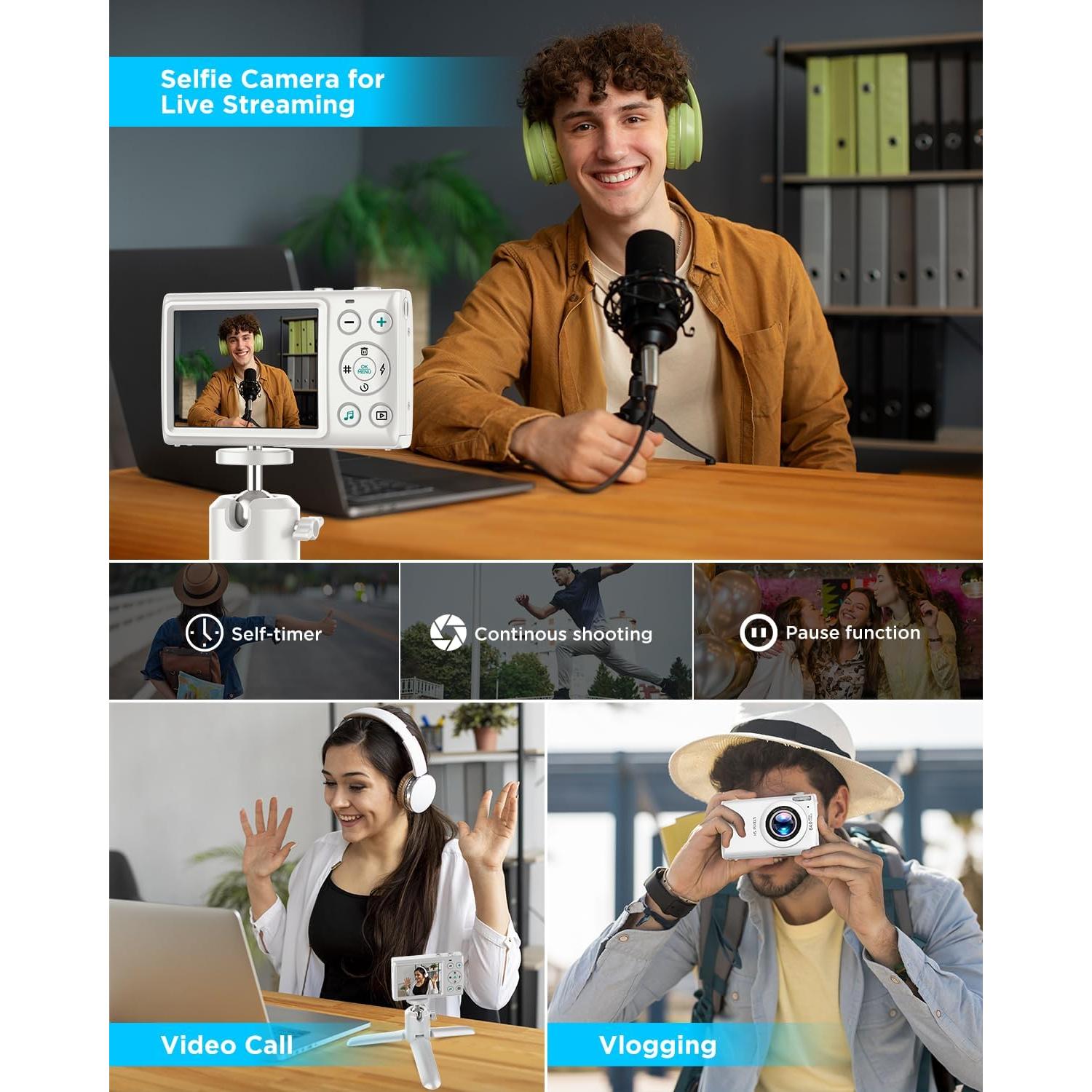 Digital Camera, Autofocus 64MP UHD 4K Vlogging Camera 18X Digital Zoom, Portable Compact Point and Shoot Digital Camera-White