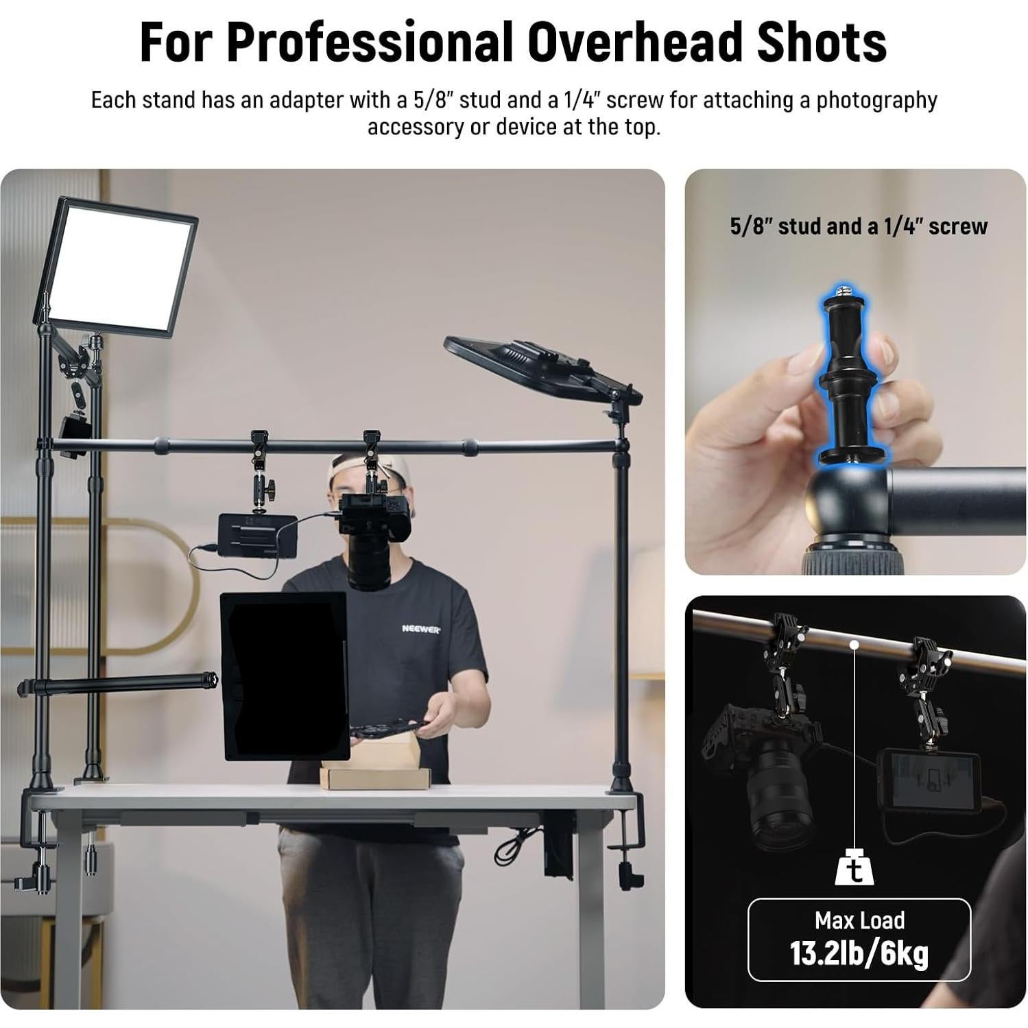 NEEWER Overhead Camera Mount Rig with Dual Ball Head Super Clamp/Phone Holder/C Clamp for Desktop Top Down Shots, Metal Multi Device Mount Platform for Photography Live Streaming Video Making, NK003