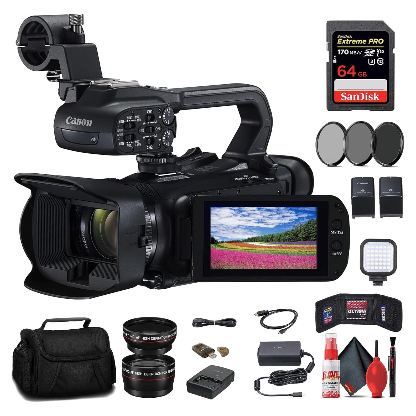 Canon XA60 Professional UHD 4K Camcorder (5733C002) + 64GB Memory Card + Battery + Charger + Filter Kit + Bag + LED Light + Wide Angle Lens + Telephoto Lens + Card Reader + More (Renewed)