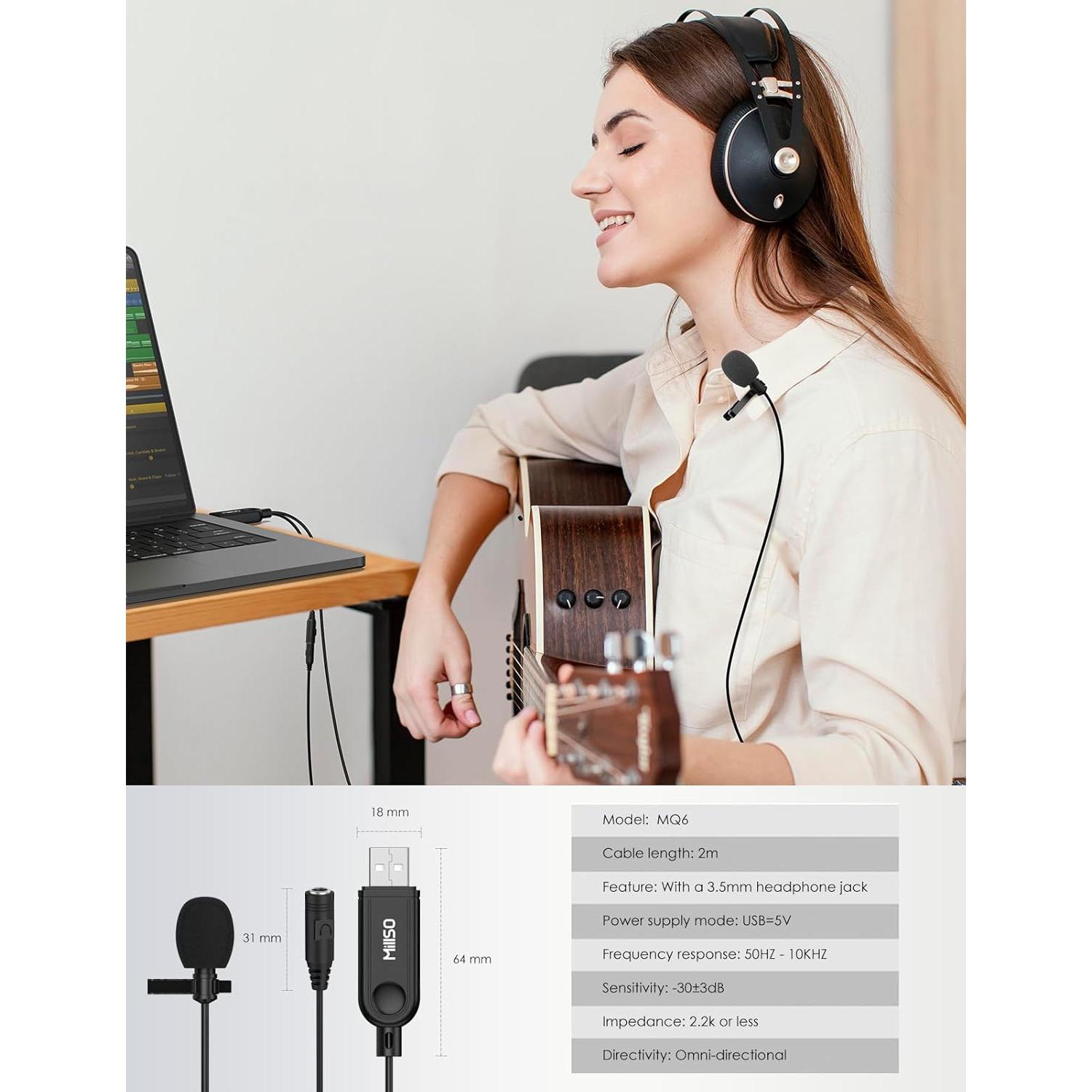 Micrófono Lavalier USB MillSO Omnidireccional 2M para Laptop