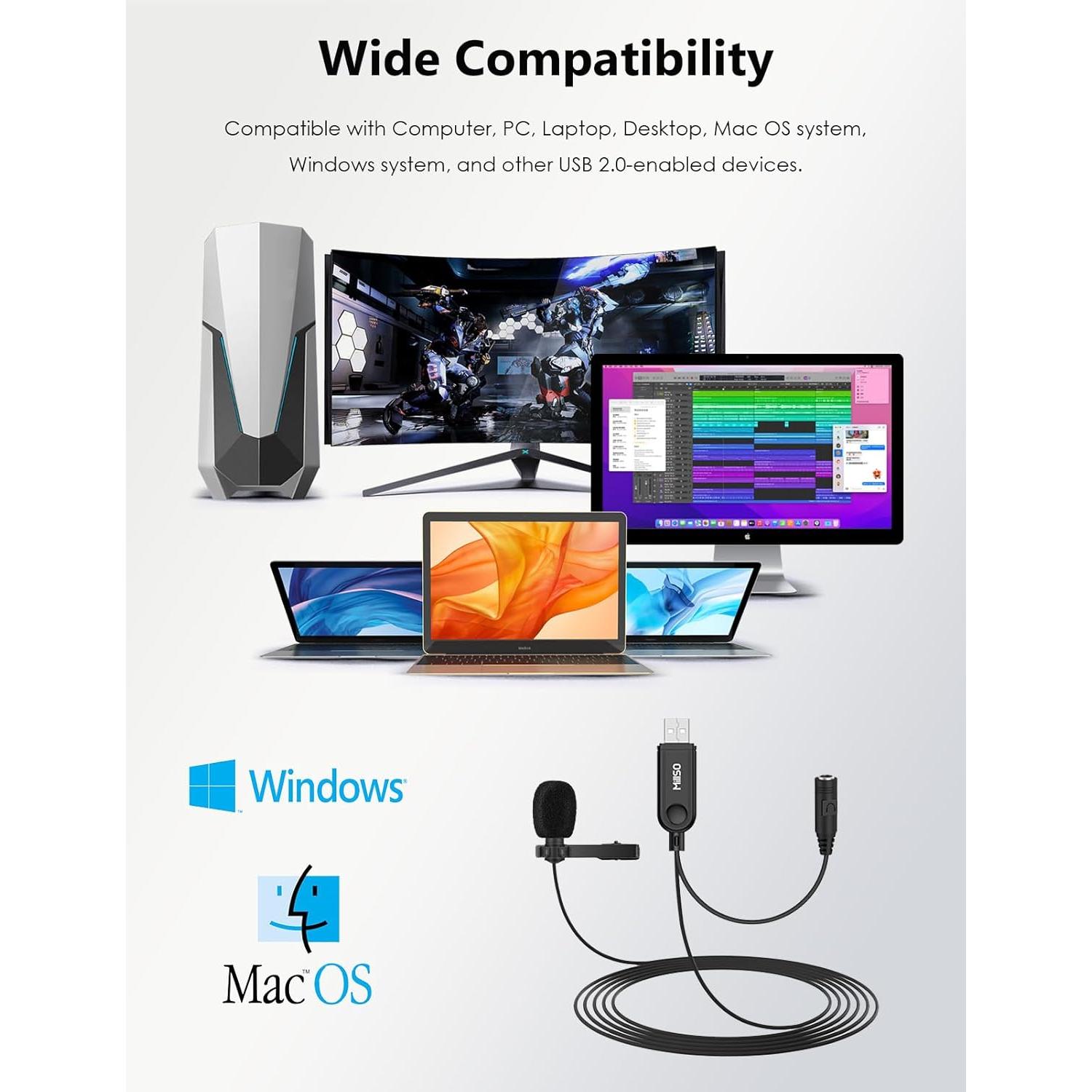 Micrófono Lavalier USB MillSO Omnidireccional 2M para Laptop