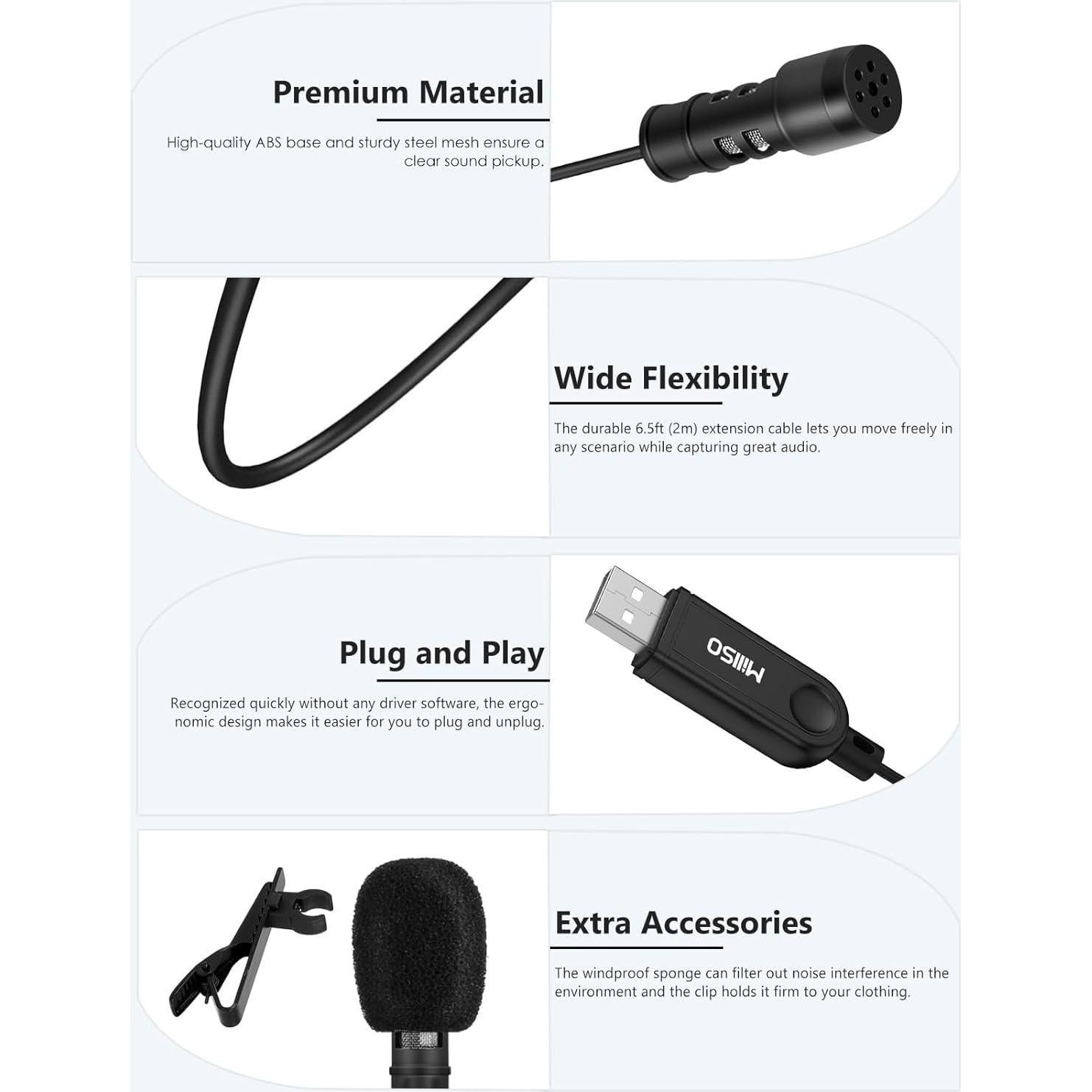 Micrófono Lavalier USB MillSO Omnidireccional 2m para PC