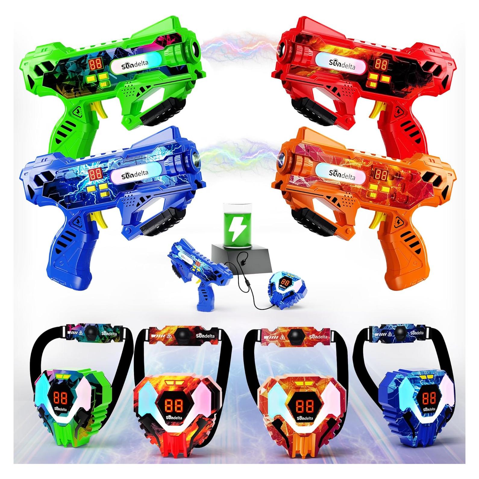 Rechargeable Laser Tag Guns Set of 4 with 360°Sensors & LED Display Real-Time Hit Feedback, Front Vest & Back Target Full-Body Game for Kids Ages 8-12, Teens and Adults - Indoor/Outdoor Party Toys
