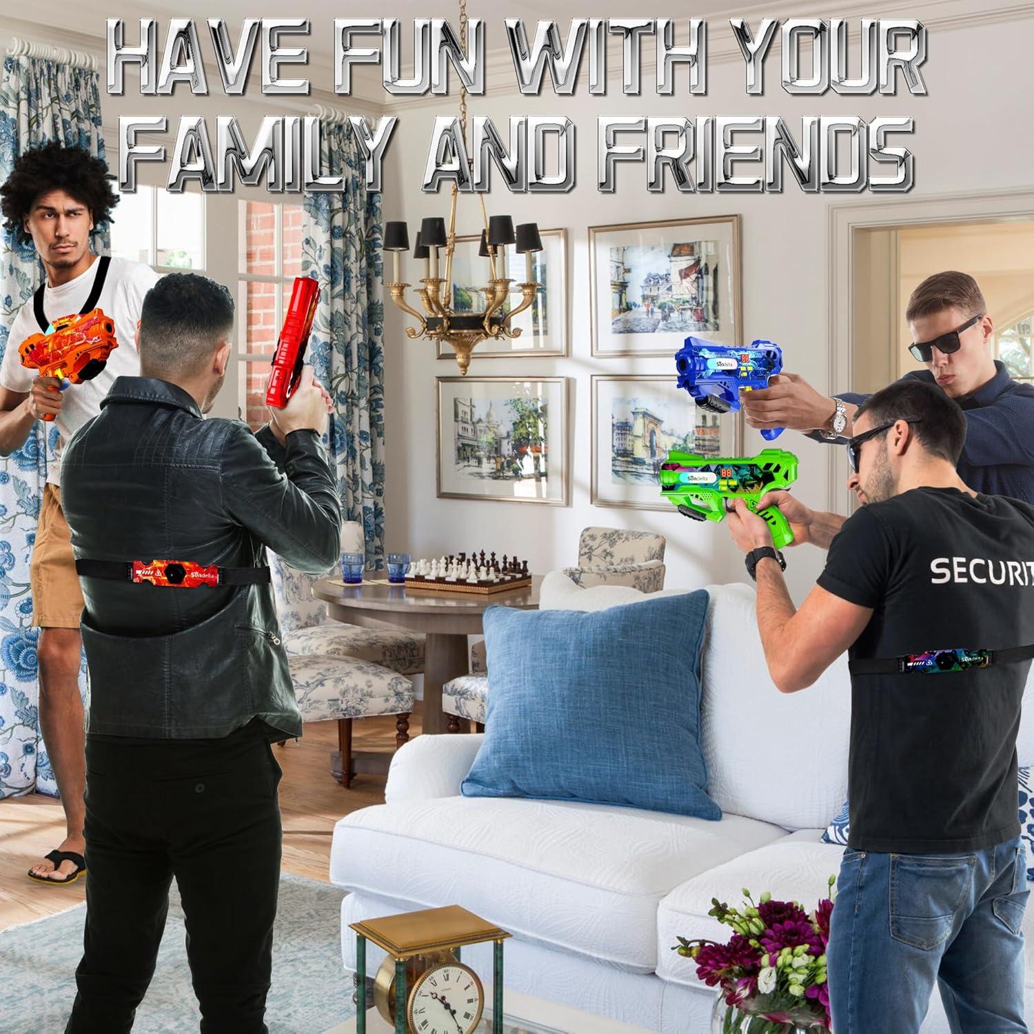 Rechargeable Laser Tag Guns Set of 4 with 360°Sensors & LED Display Real-Time Hit Feedback, Front Vest & Back Target Full-Body Game for Kids Ages 8-12, Teens and Adults - Indoor/Outdoor Party Toys
