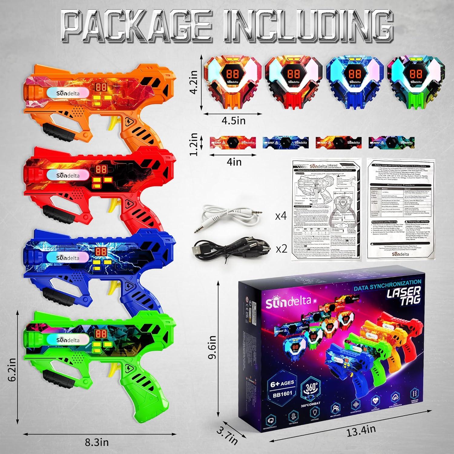 Rechargeable Laser Tag Guns Set of 4 with 360°Sensors & LED Display Real-Time Hit Feedback, Front Vest & Back Target Full-Body Game for Kids Ages 8-12, Teens and Adults - Indoor/Outdoor Party Toys