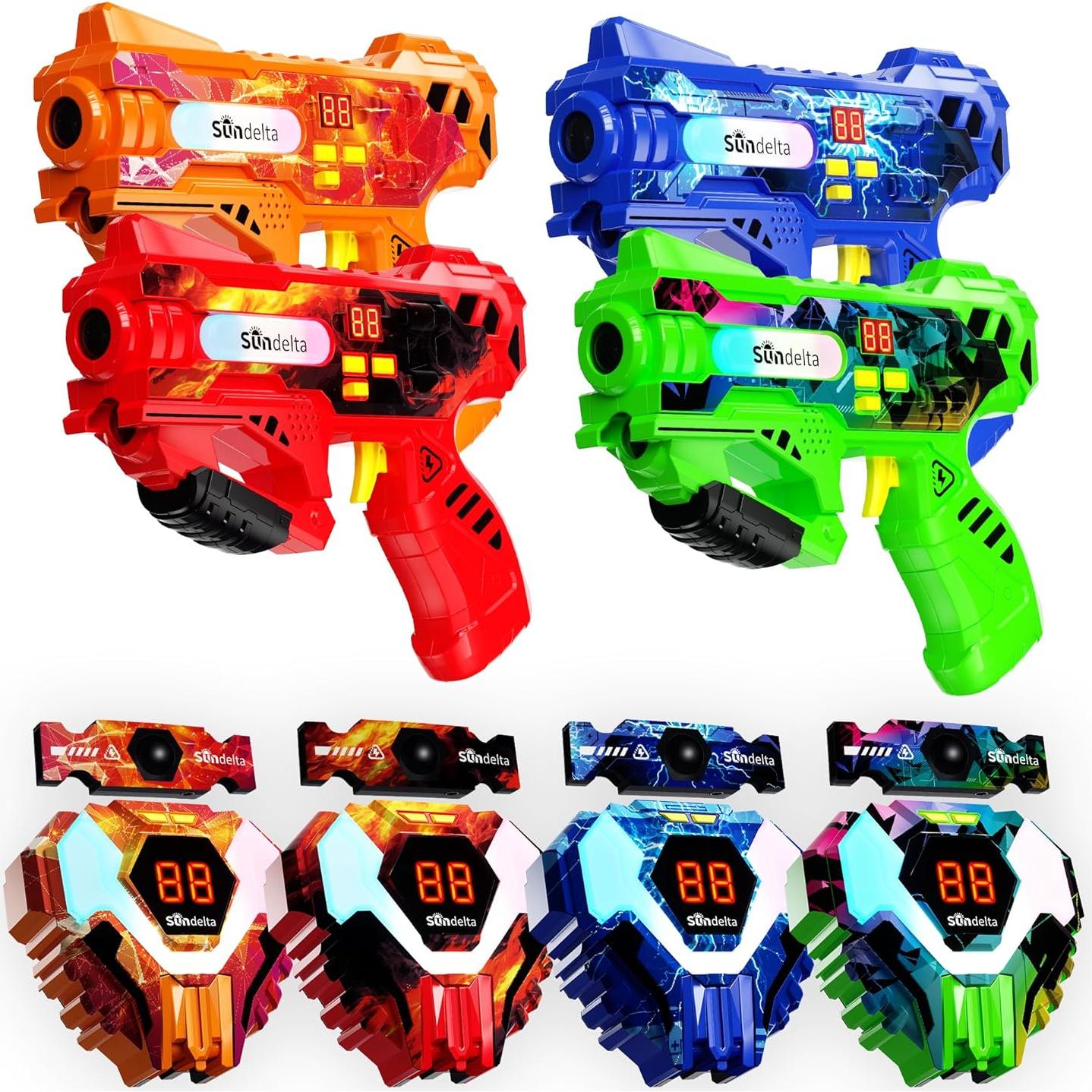Rechargeable Laser Tag Guns Set of 4 with 360°Sensors & LED Display Real-Time Hit Feedback, Front Vest & Back Target Full-Body Game for Kids Ages 8-12, Teens and Adults - Indoor/Outdoor Party Toys