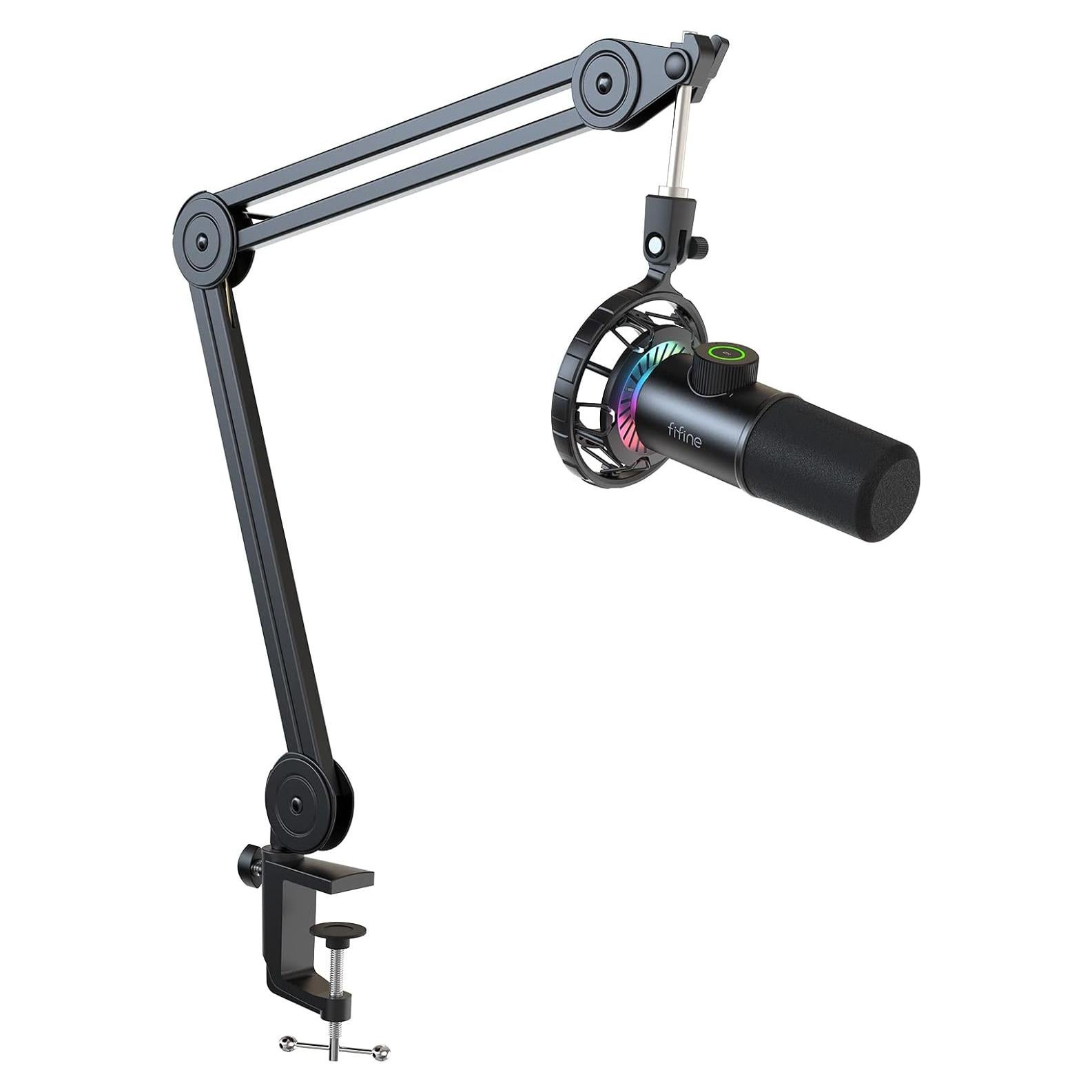 FIFINE USB Gaming Microphone and Mic Arm Stand Kit, RGB Dynamic Mic with Tap-to-Mute, Headphones Jack for PC, Heavy Duty Boom Arm Bundle with Desk Mount, 5/8" Screw for Streaming Podcast (K658+BM63)