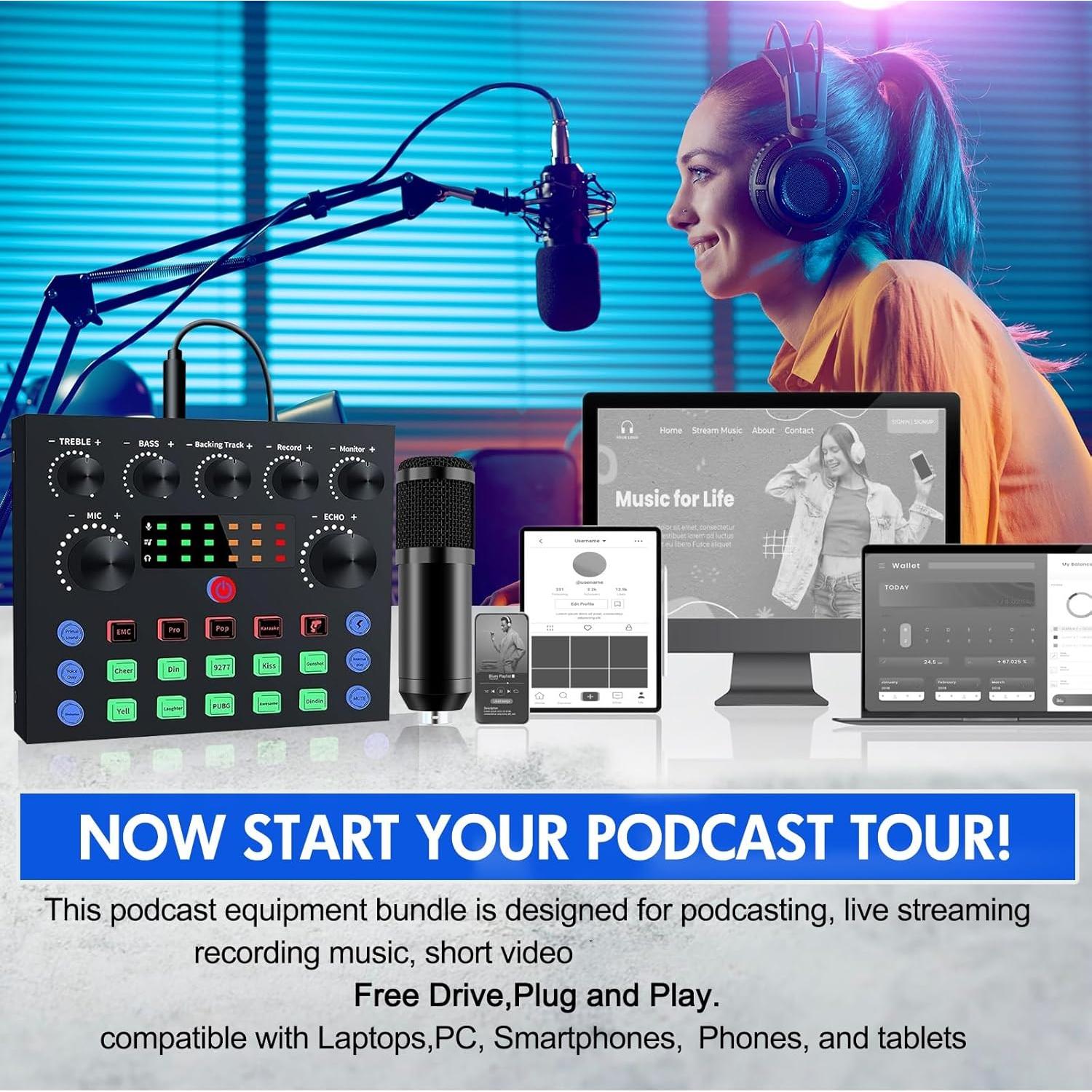 ALSO GO Podcast Equipment Bundle, Podcast Microphone Bundle with BM-800 Microphone & V8s Sound Card, Recording Studio Equipment for Singing, Gaming, Live Streaming and YouTube Tiktok