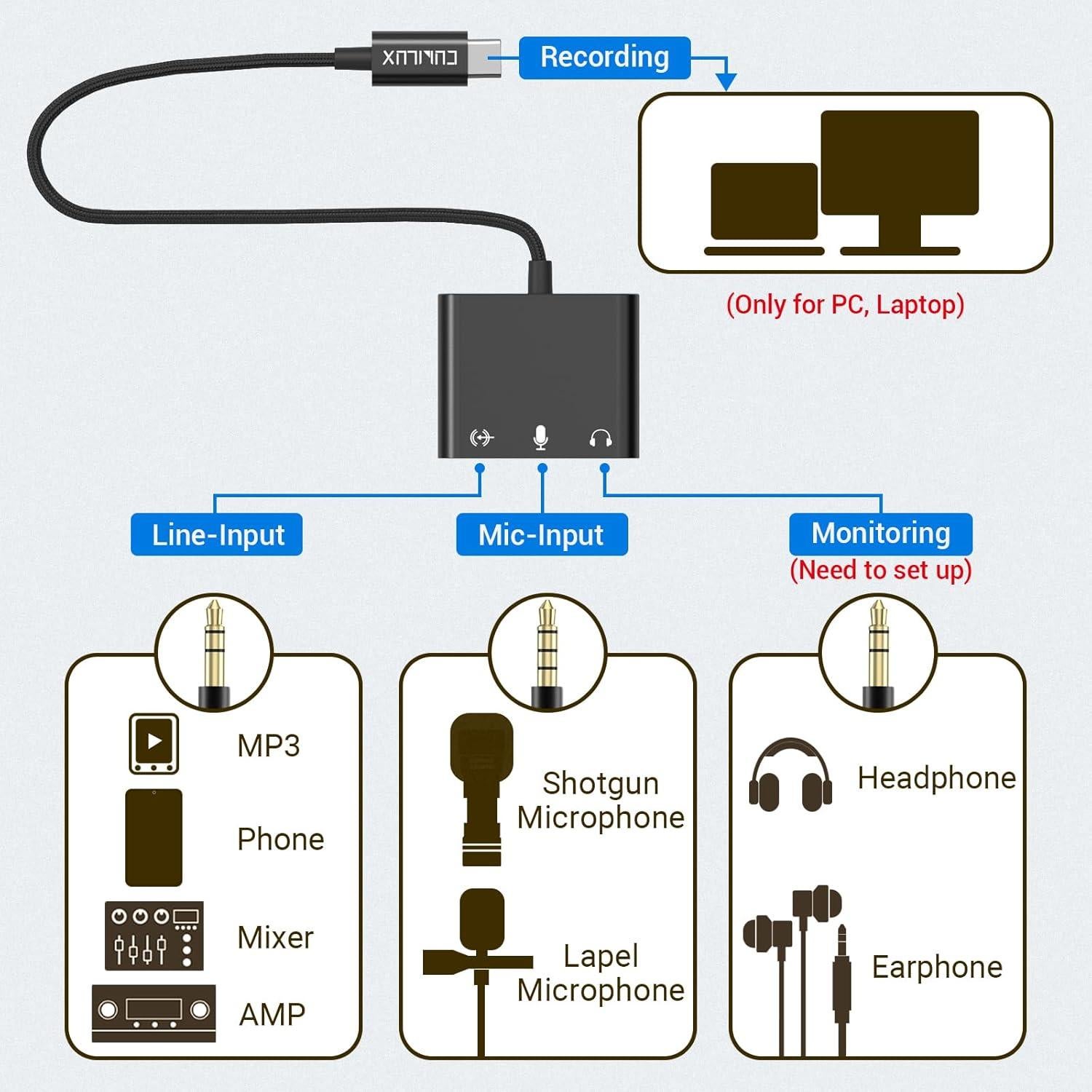 Adaptador Cubilux USB C a 3.5mm para Grabación y Monitoreo