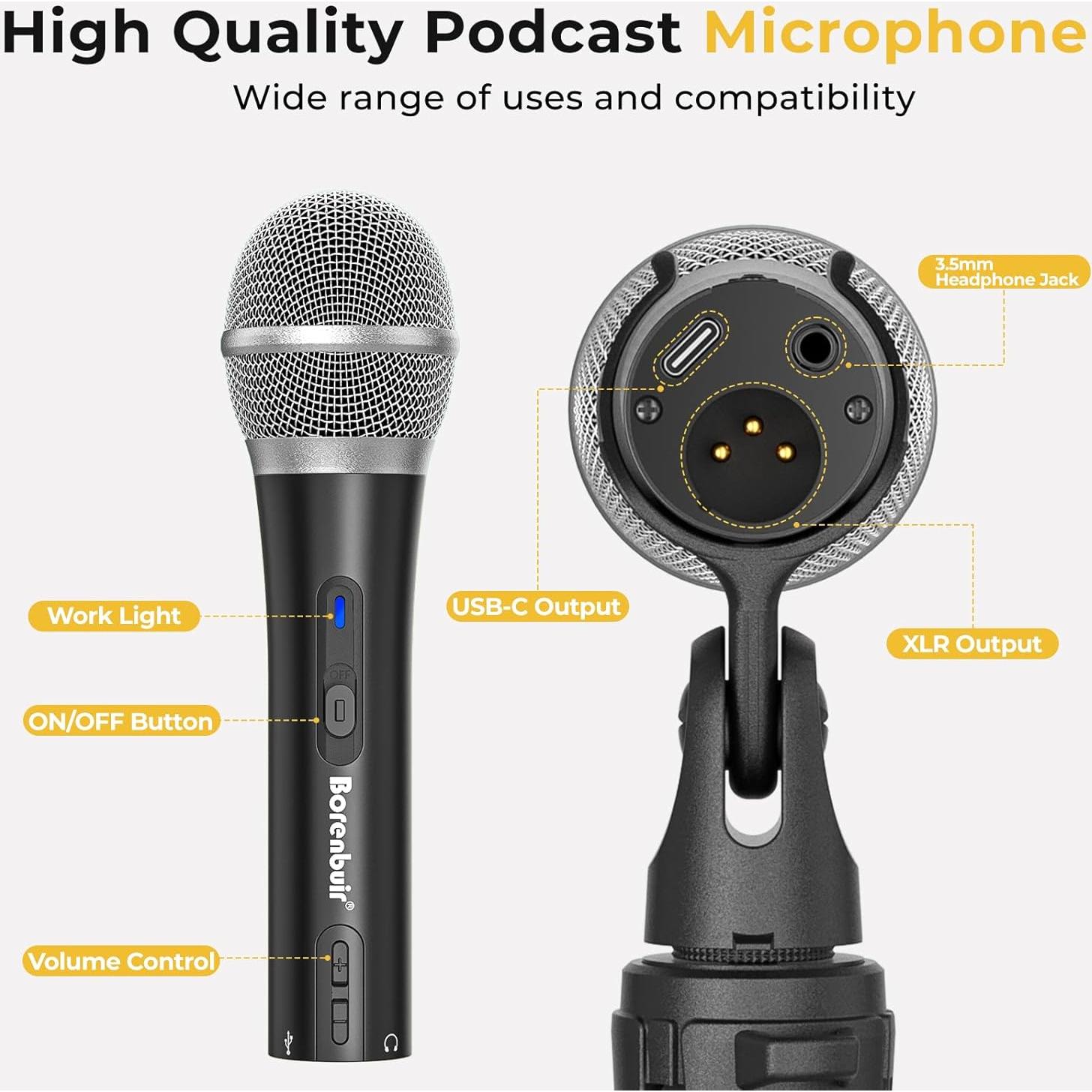 Micrófono Dinámico USB/XLR Borenbuir BL-550USB con Cancelación de Ruido