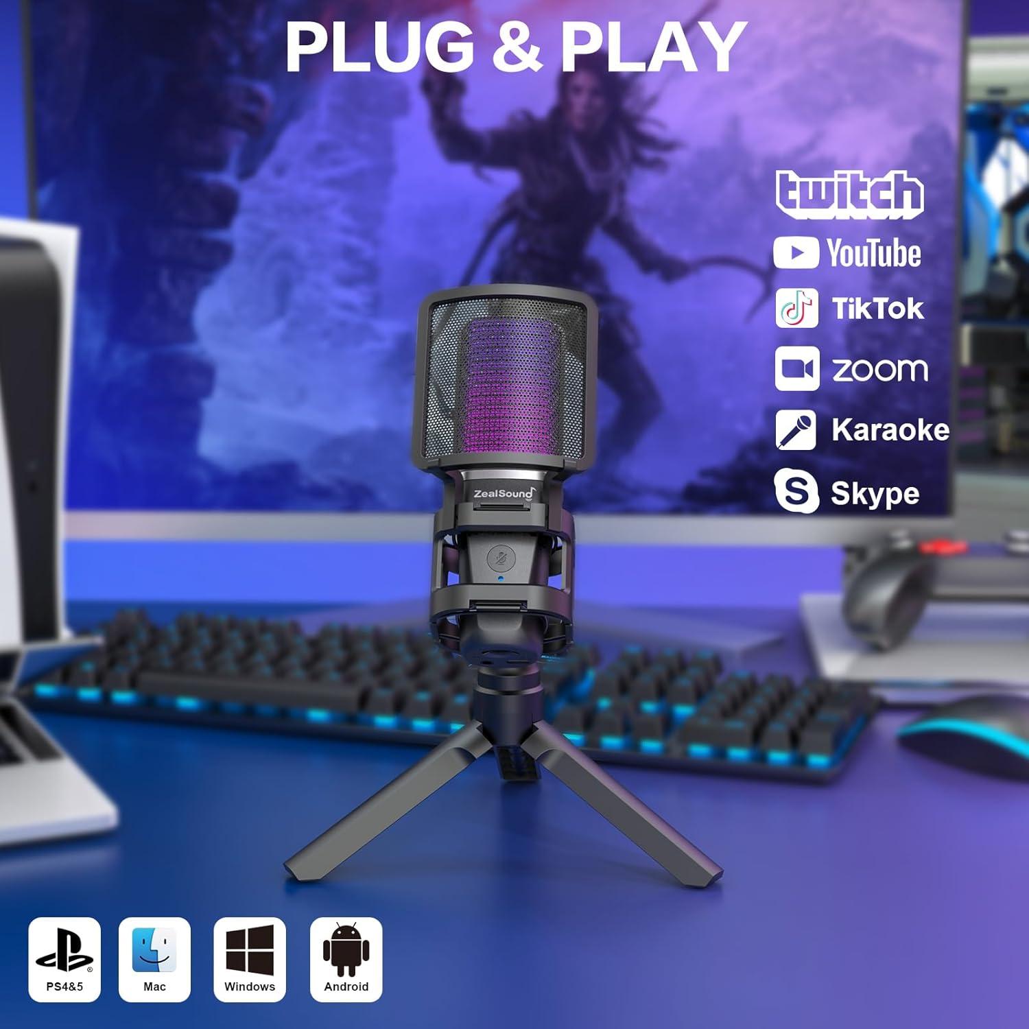 Kit de Micrófono RGB USB ZealSound A68 para Gaming con Brazo