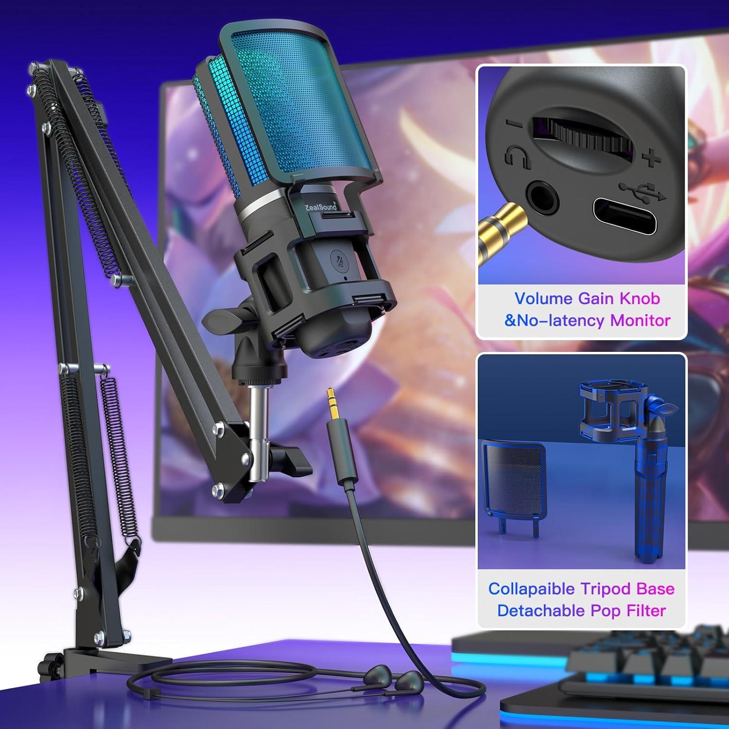 Kit de Micrófono RGB USB ZealSound A68 para Gaming con Brazo