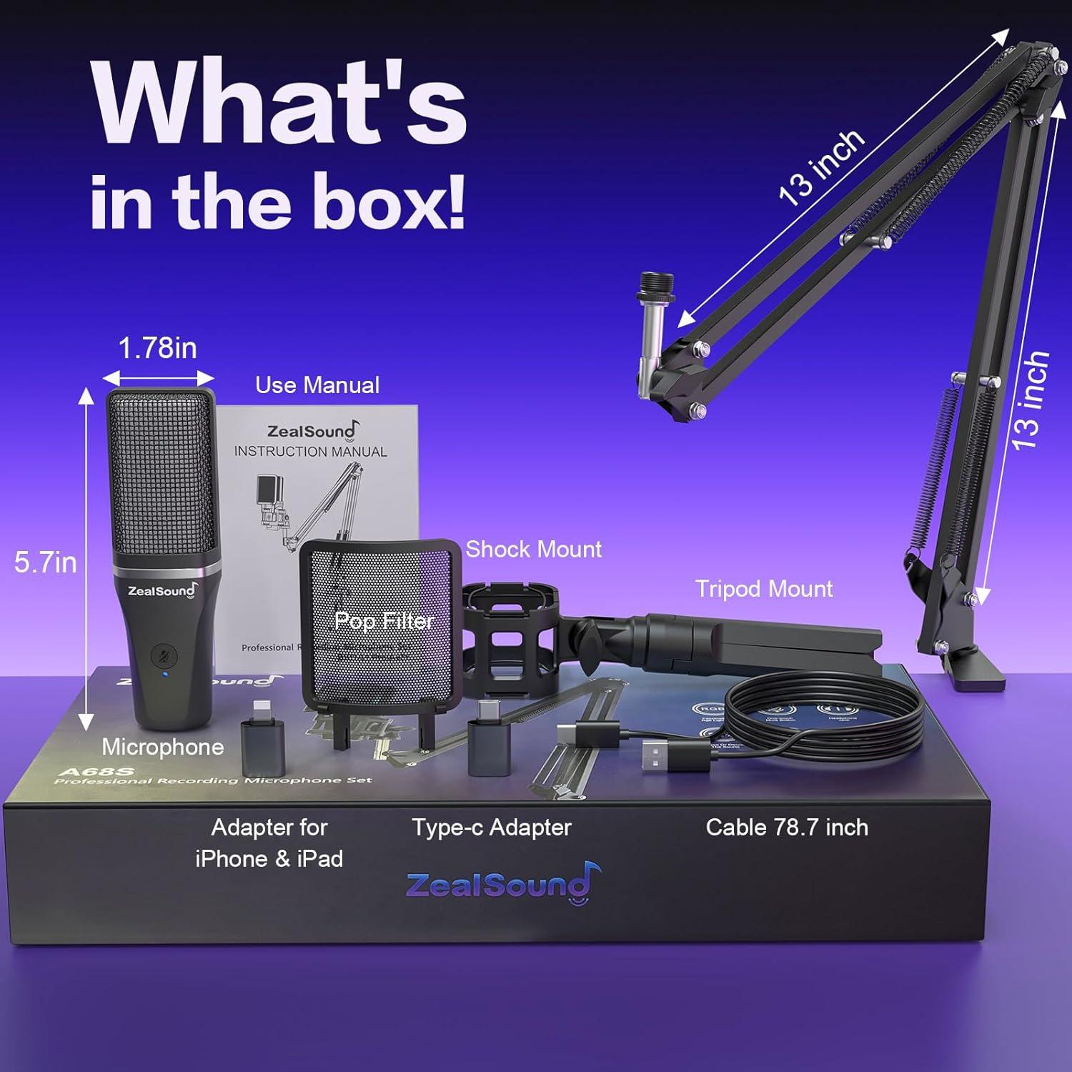 Kit de Micrófono RGB USB ZealSound A68 para Gaming con Brazo