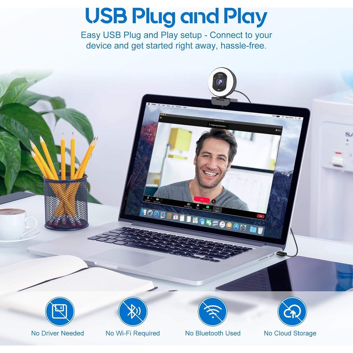 Cámara Web 4K Galyimage con Luz de Anillo y Micrófono