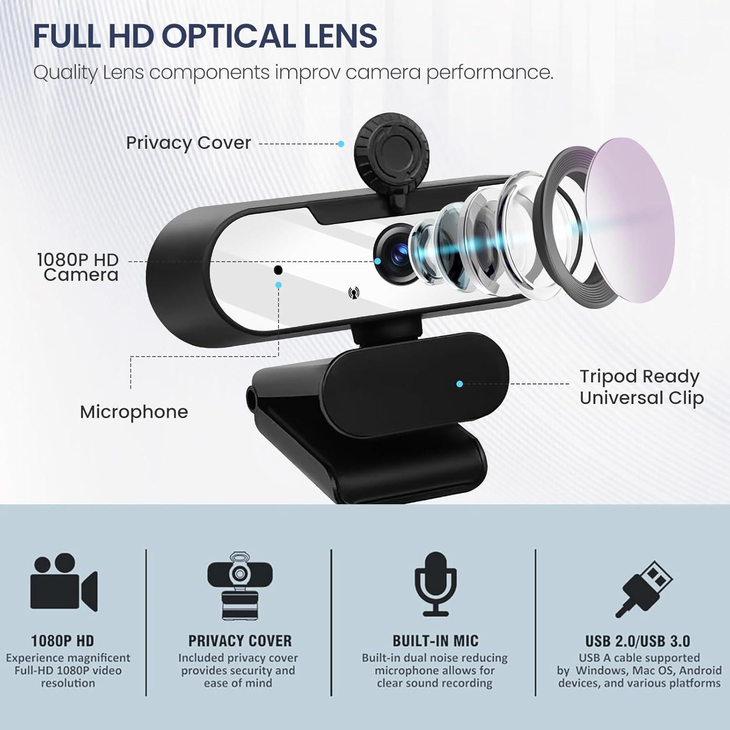 Cámara Web USB HD 1080P MTORED con Micrófono y Trípode