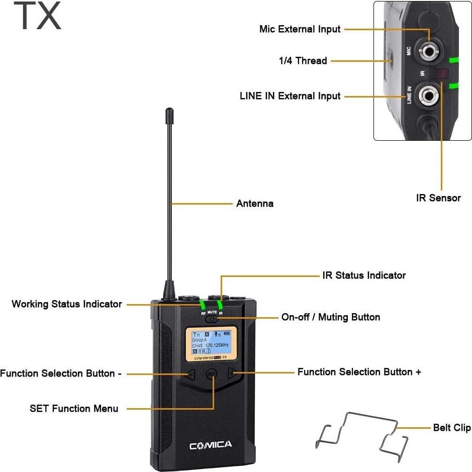 Micrófono Lavalier Inalámbrico Comica CVM-WM100 PLUS 48 Canales