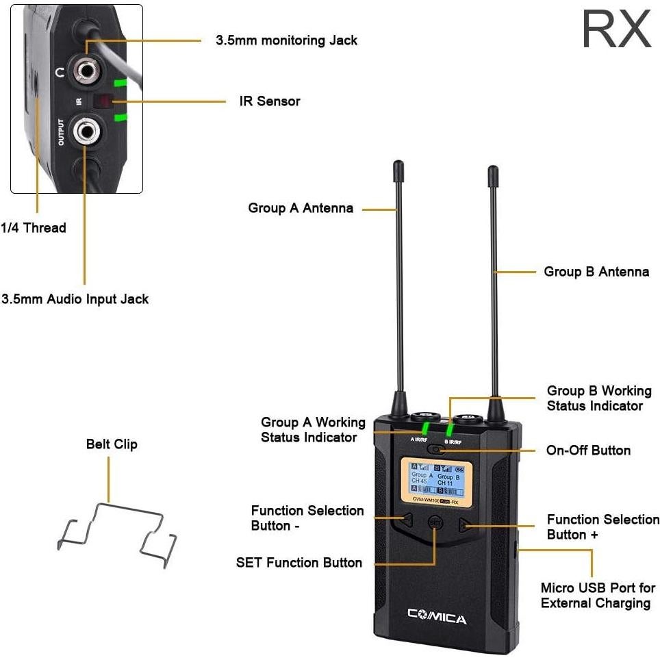 Micrófono Lavalier Inalámbrico Comica CVM-WM100 PLUS 48 Canales