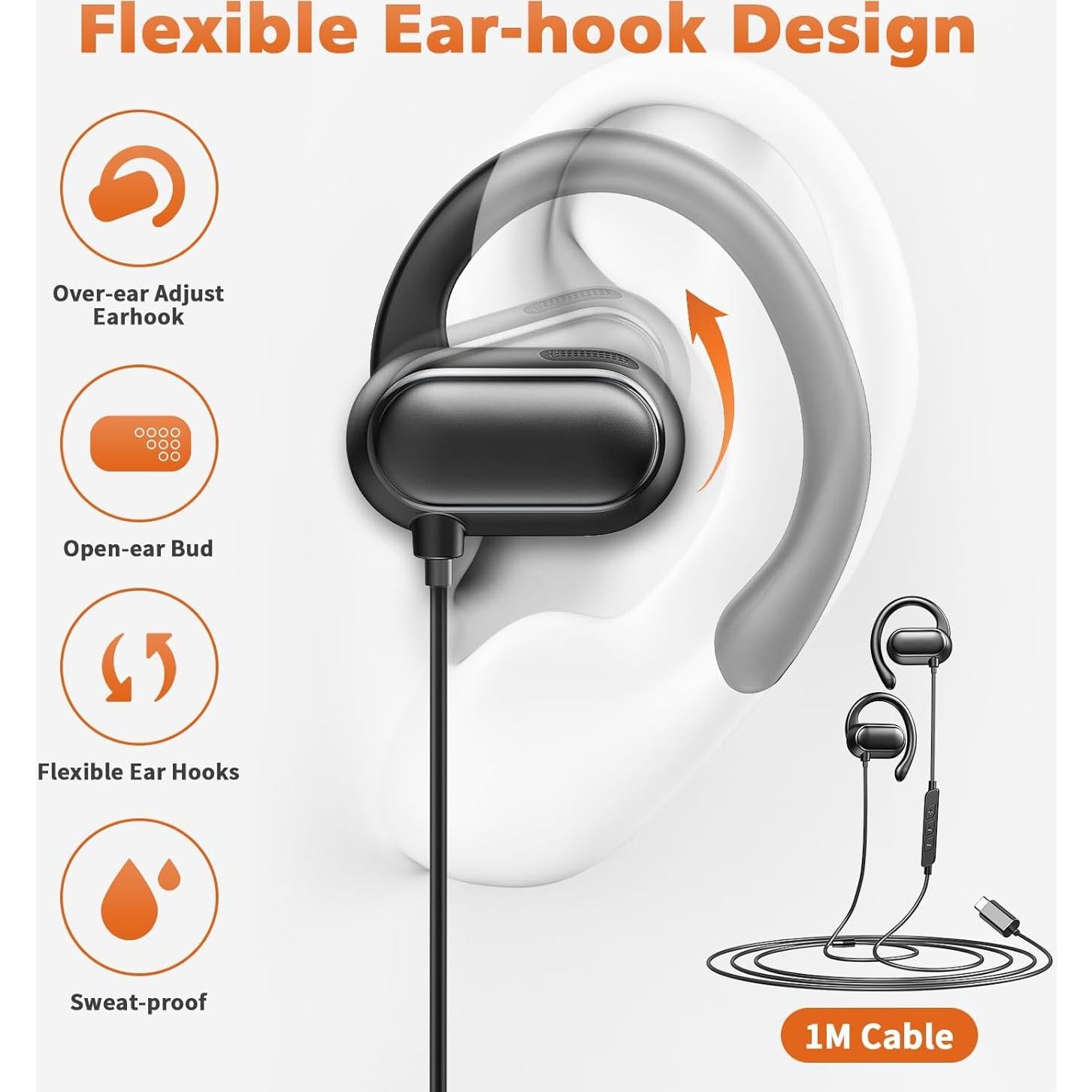 Auriculares USB-C ACANDYA con micrófono y gancho ergonómico