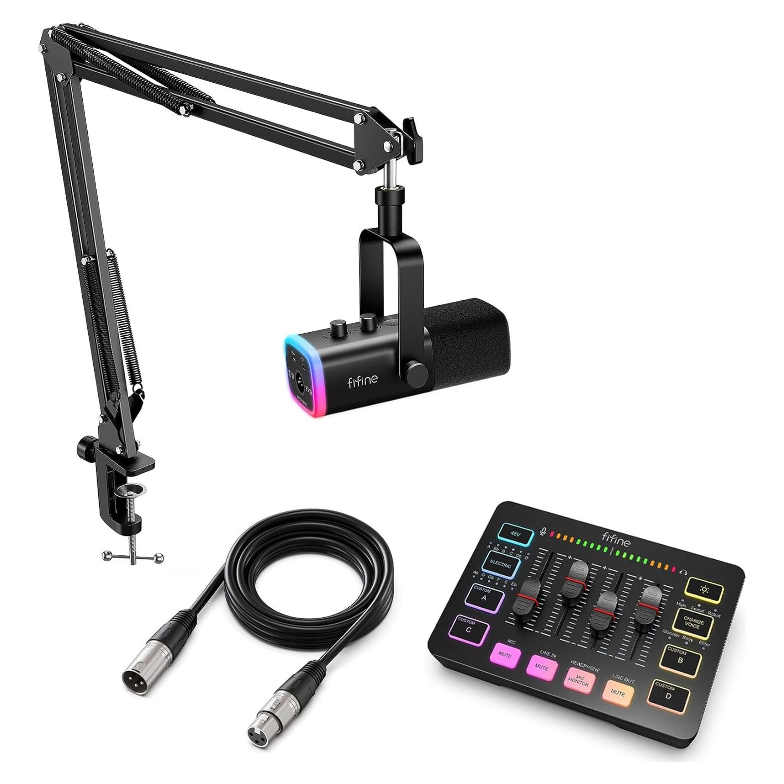 Kit de Streaming Gaming FIFINE con Micrófono XLR y Mezclador RGB