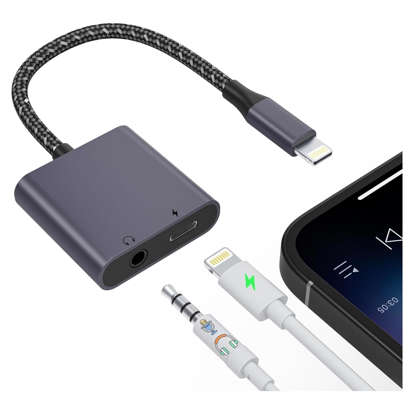 Adaptador 2 en 1 Lightning a 3.5mm y Cargador MFi para iPhone