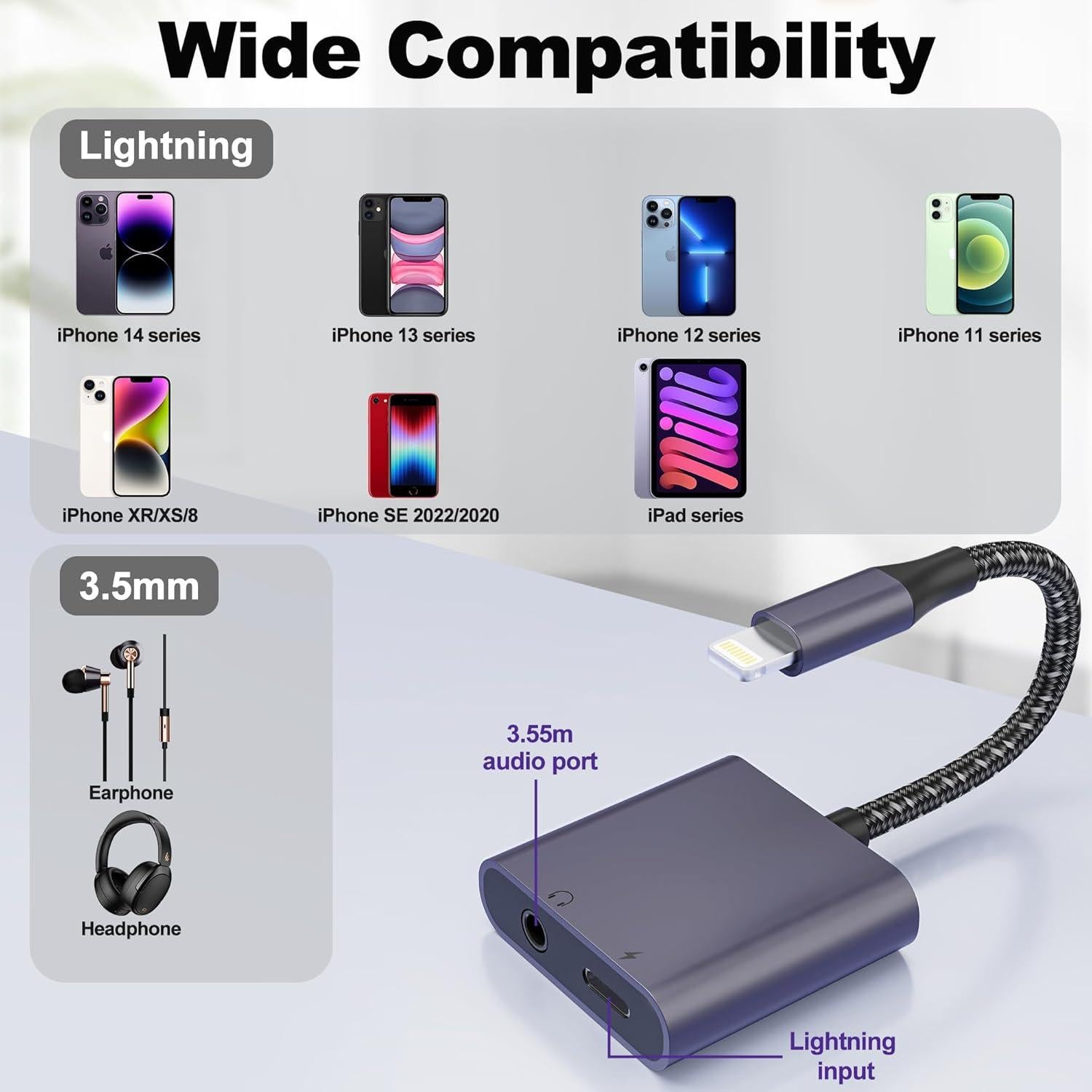 Adaptador 2 en 1 Lightning a 3.5mm y Cargador MFi para iPhone