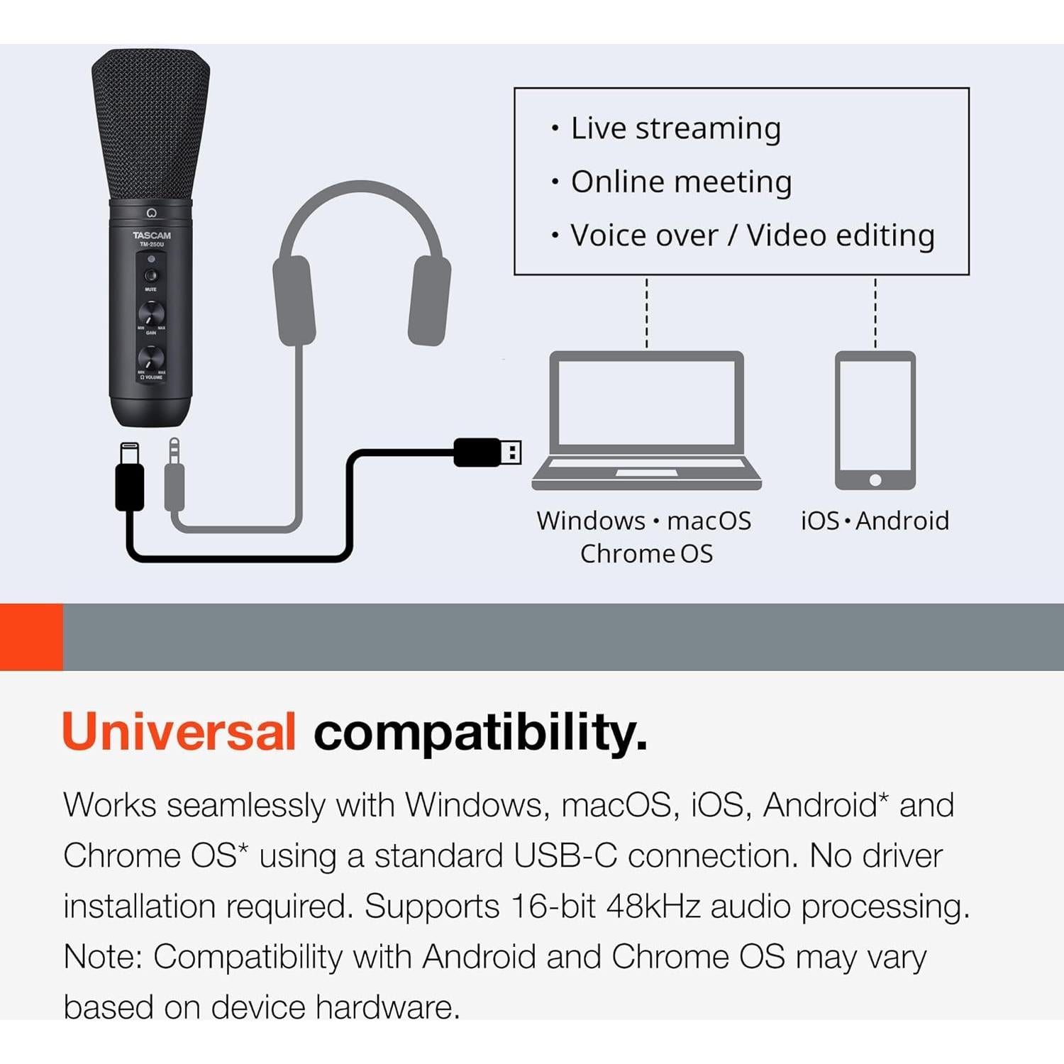Tascam TM-250U USB Condenser Microphone for Podcasting, Conferencing, Computer Recording, and Online Audio (TM250U)
