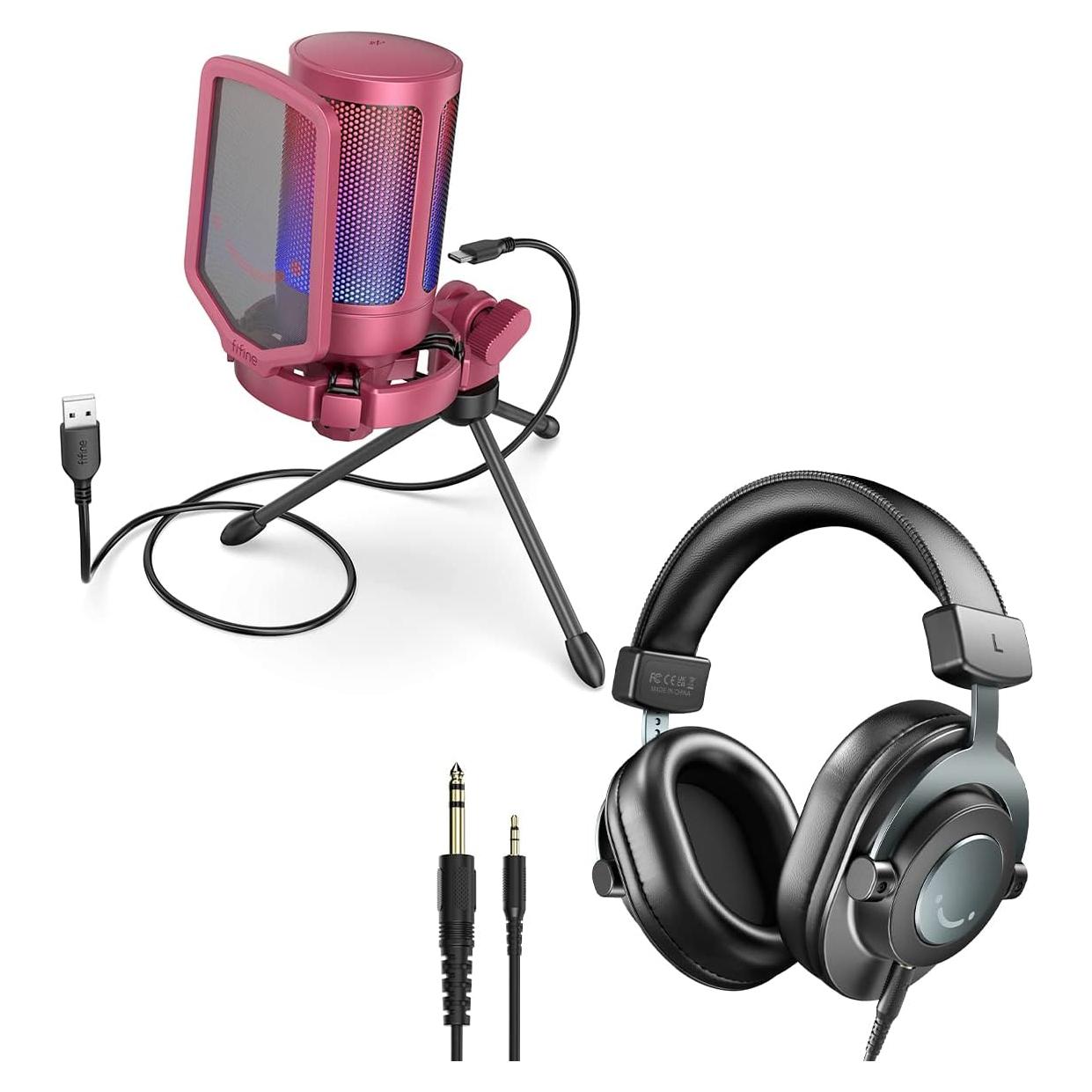 Micrófono de Streaming FIFINE USB RGB + Auriculares Monitoreo