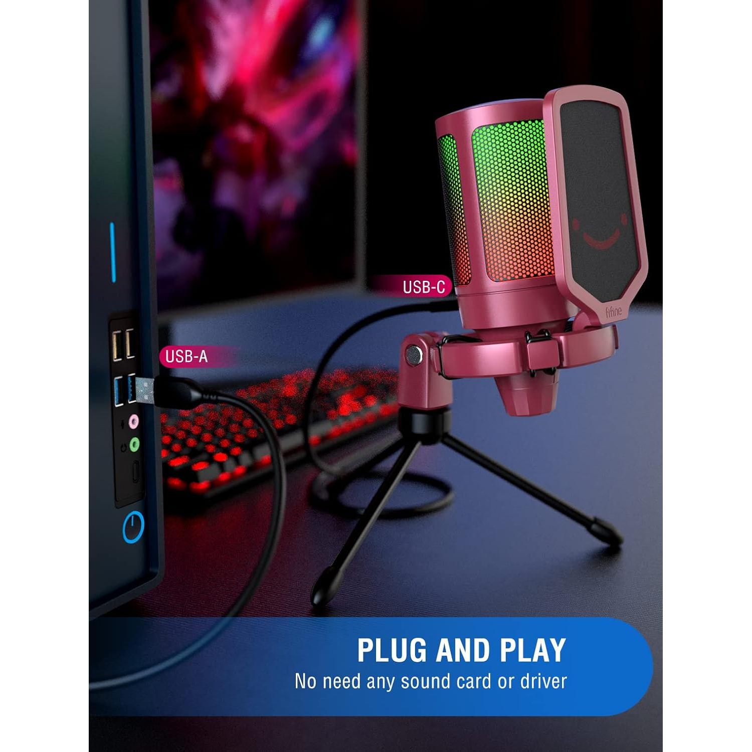 Micrófono de Streaming FIFINE USB RGB + Auriculares Monitoreo
