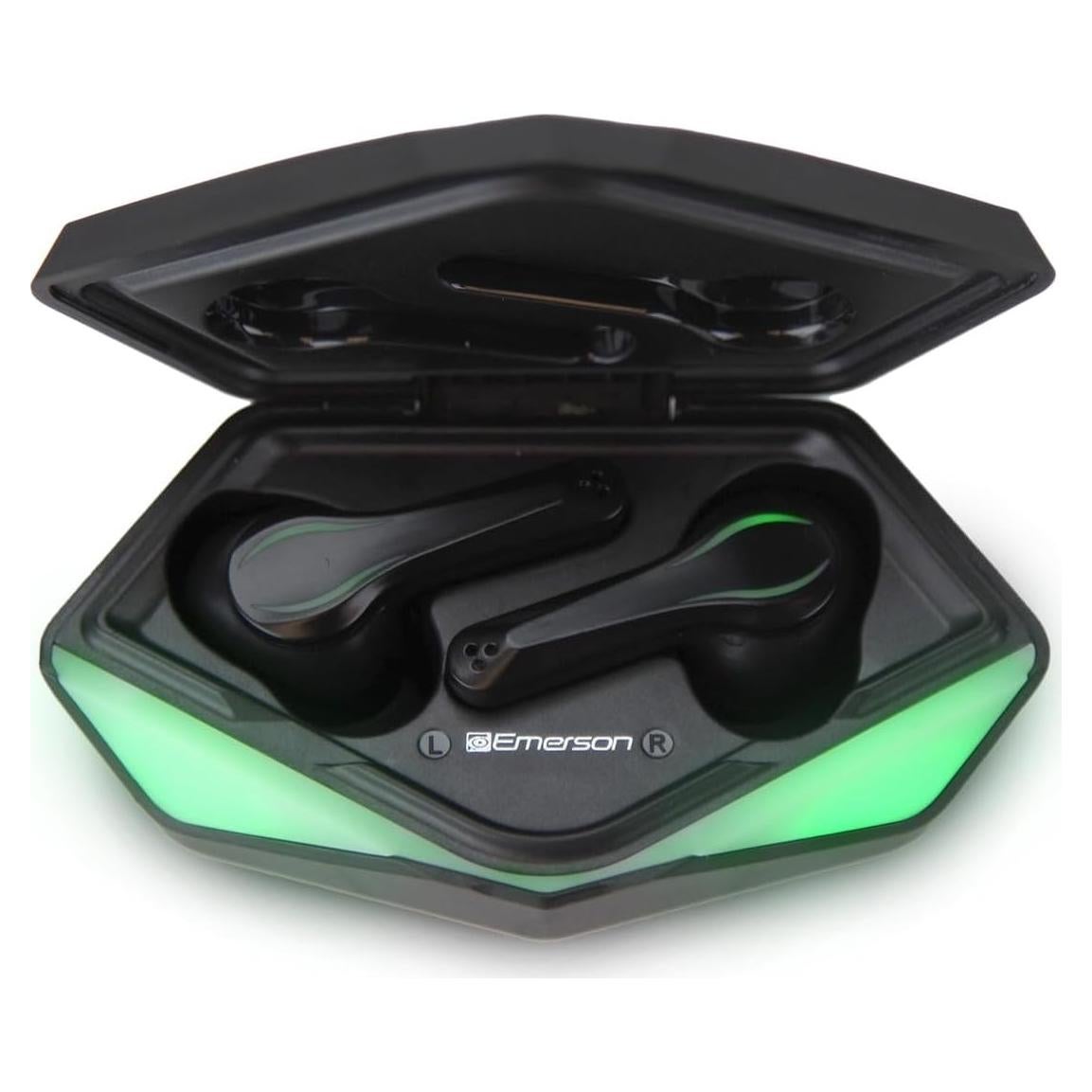 Emerson EG-1501 True Wireless Gaming Earbuds with Low-Latency Audio, Built-in Microphone, Bluetooth 5.1 Connectivity, RGB LED Lighting, and Noise-Cancellation – Perfect for Gaming and Streaming