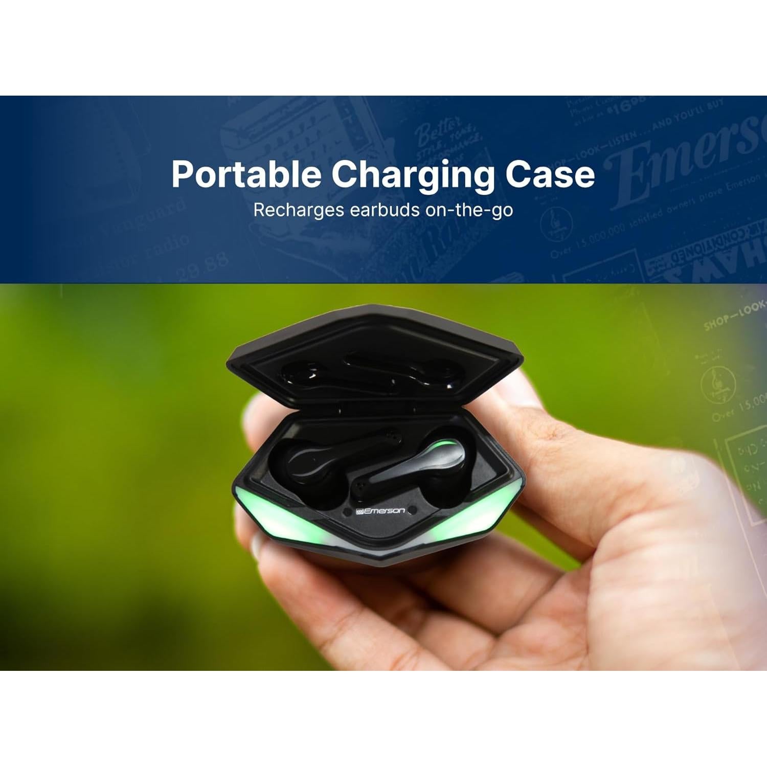 Emerson EG-1501 True Wireless Gaming Earbuds with Low-Latency Audio, Built-in Microphone, Bluetooth 5.1 Connectivity, RGB LED Lighting, and Noise-Cancellation – Perfect for Gaming and Streaming