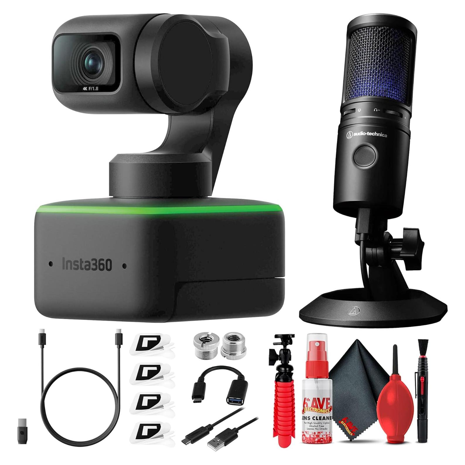 Insta360 Link UHD 4K AI Webcam with AT2020USB-X Microphone, Tripods, and 6Ave Cleaning Kit