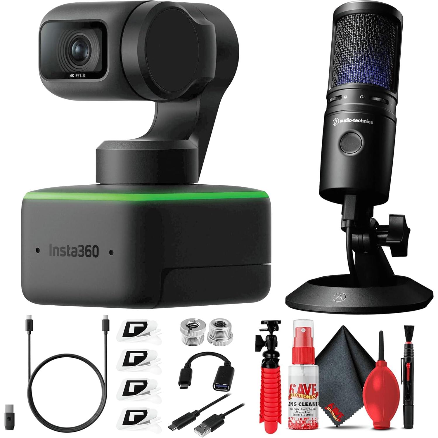 Insta360 Link UHD 4K AI Webcam with AT2020USB-X Microphone, Tripods, and 6Ave Cleaning Kit